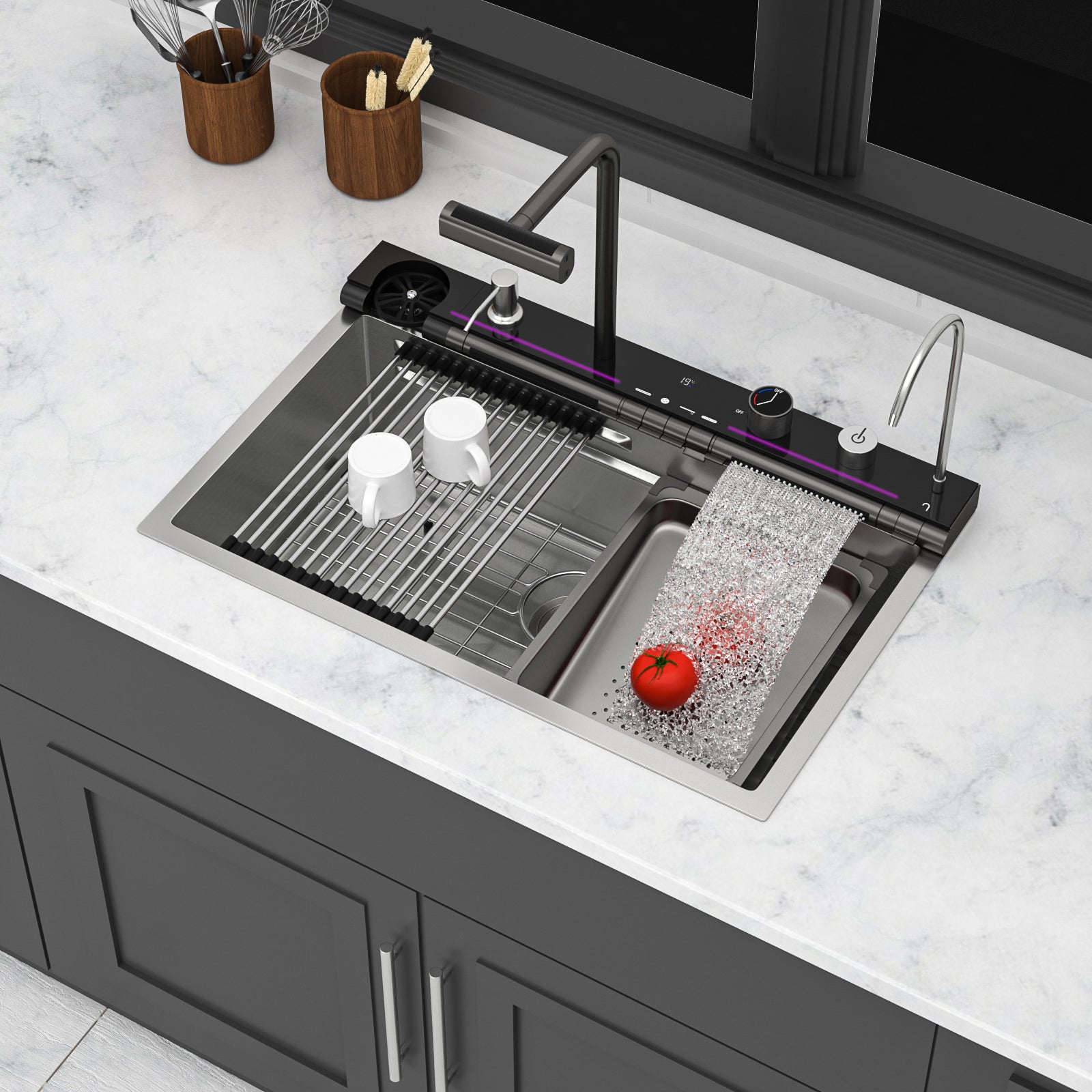 30" Waterfall Kitchen Sink - 30 x 19 x 9" Single Bowl 16G Stainless Steel Ledge Workstation with Smart Pull-Out Faucet