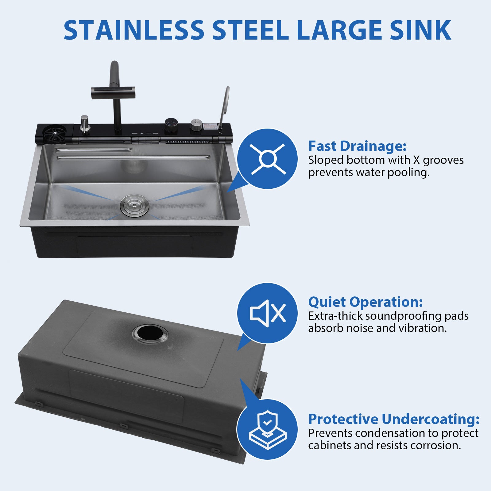 30" Waterfall Kitchen Sink - 30 x 19 x 9" Single Bowl 16G Stainless Steel Ledge Workstation with Smart Pull-Out Faucet
