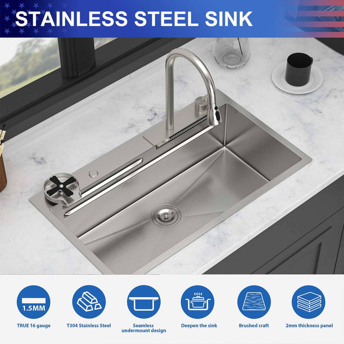 RAINLEX Undermount Single Bowl Workstation Sink in Stainless Steel