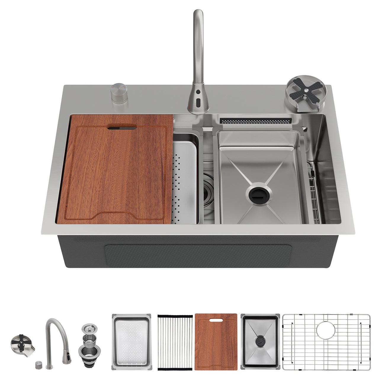31.5" Drop-In Waterfall Kitchen Sink, Single Bowl, 16G T304 Stainless Steel, Workstation with Pull-Down Faucet & Cup Washer