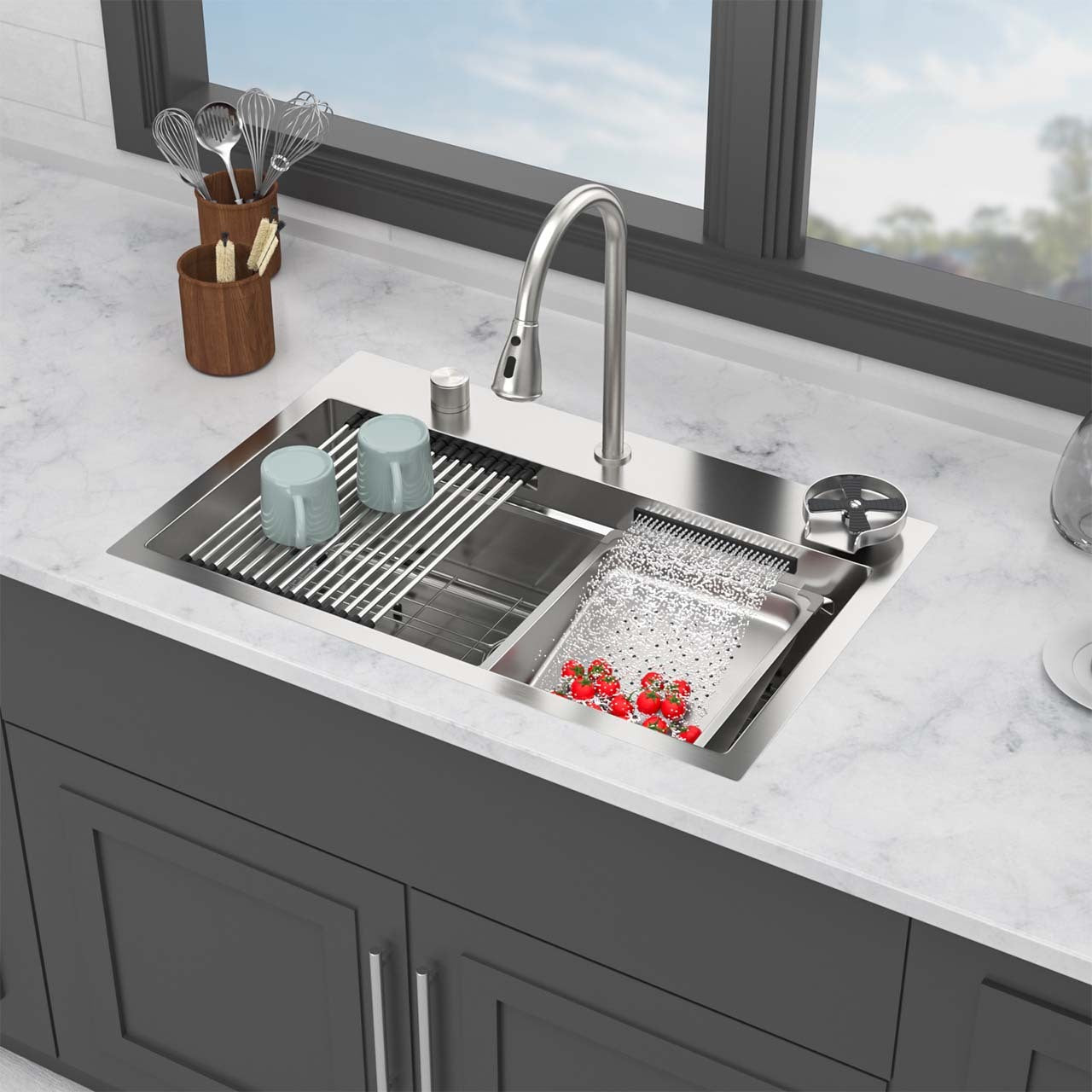 31.5" Drop-In Waterfall Kitchen Sink, Single Bowl, 16G T304 Stainless Steel, Workstation with Pull-Down Faucet & Cup Washer