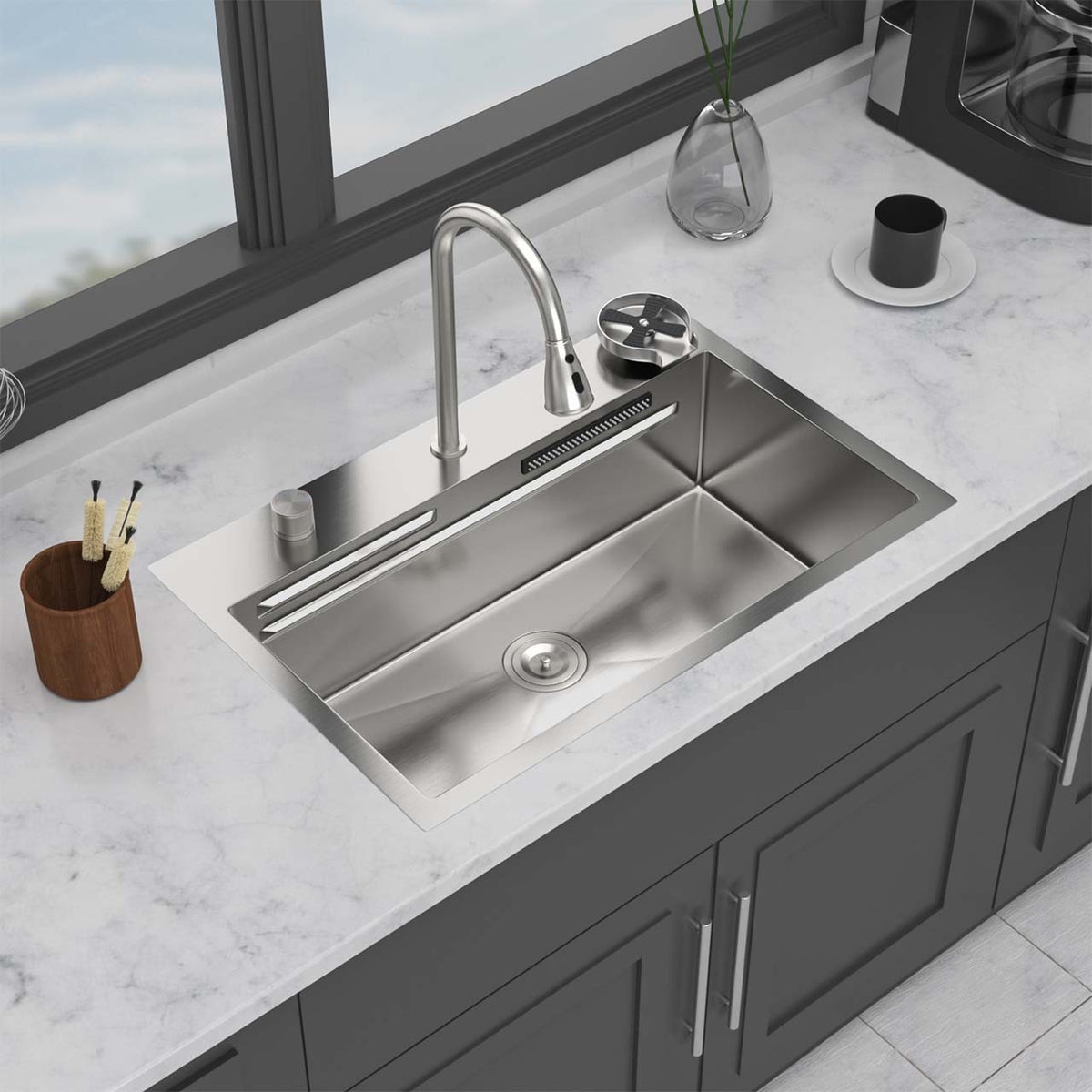RAINLEX 31.5 in. Drop-In Waterfall Workstation Sink with Pull-Down Faucet