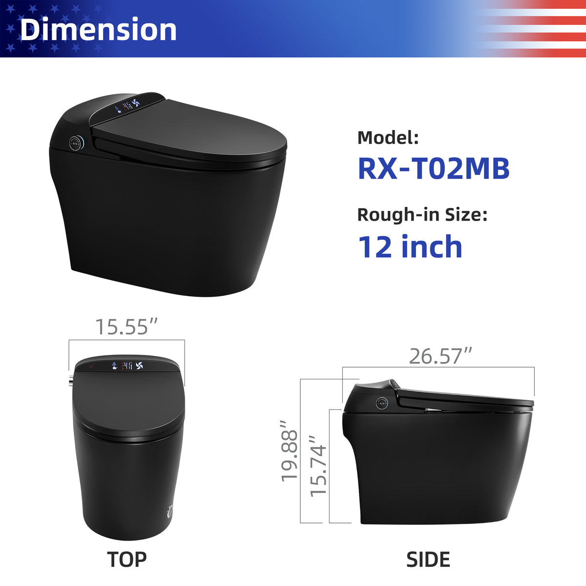 RAINLEX Smart Toilet with Built-In Bidet, Matte Black (T02)