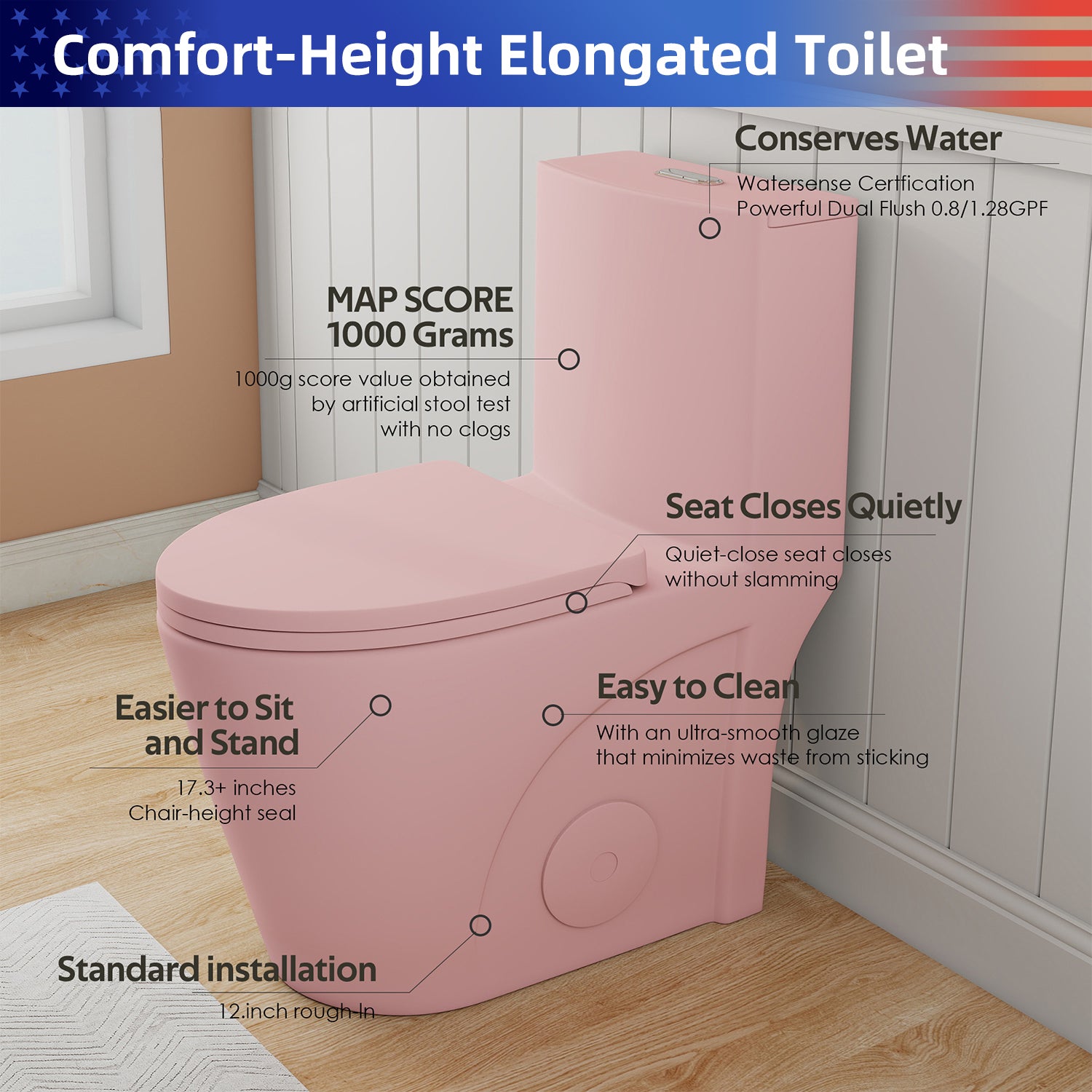 1.28/0.8 GPF Tornado Flush One-Piece Toilet, Elongated Siphonic S-Trap 12" Toilet with Soft Close Seat, Dual Flush, MAP 1000g, ADA Chair Height 17"