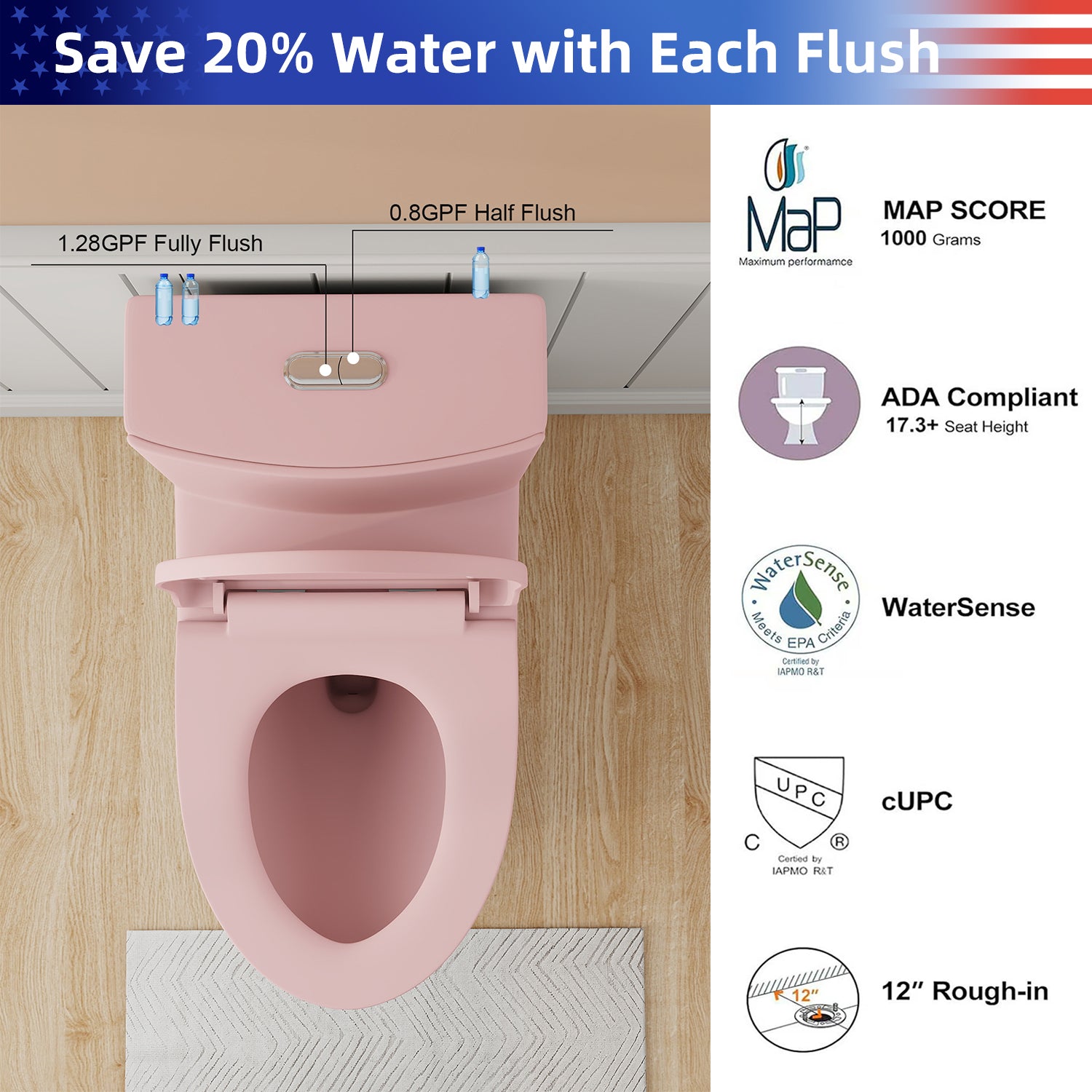 1.28/0.8 GPF Tornado Flush One-Piece Toilet, Elongated Siphonic S-Trap 12" Toilet with Soft Close Seat, Dual Flush, MAP 1000g, ADA Chair Height 17"