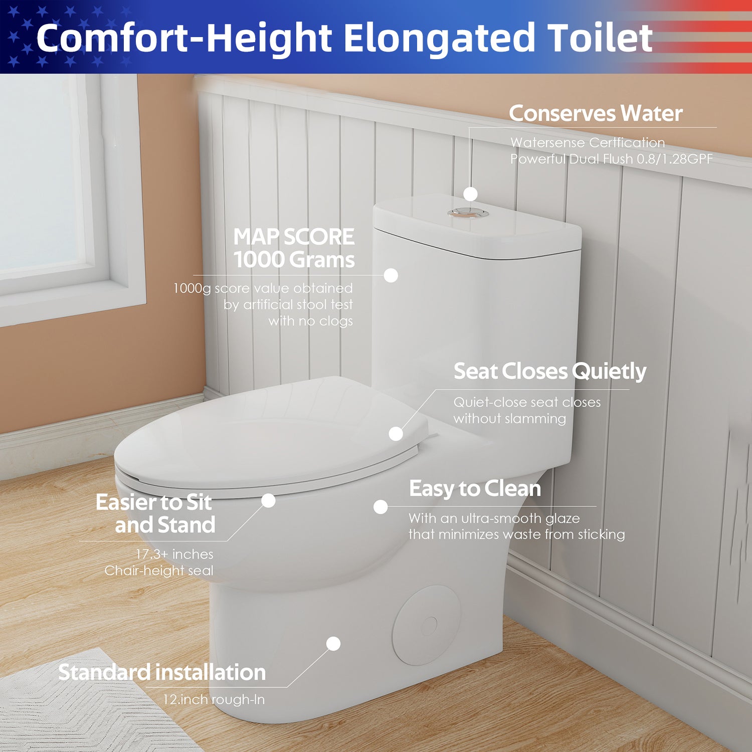 1.28/0.8 GPF Tornado Flush One-Piece Toilet, Rimless Siphonic Dual Flush Toilet with Soft Close Seat, Semi-Elongated Bowl, 12" S-Trap, MAP 1000g, ADA Comfort Height 17"