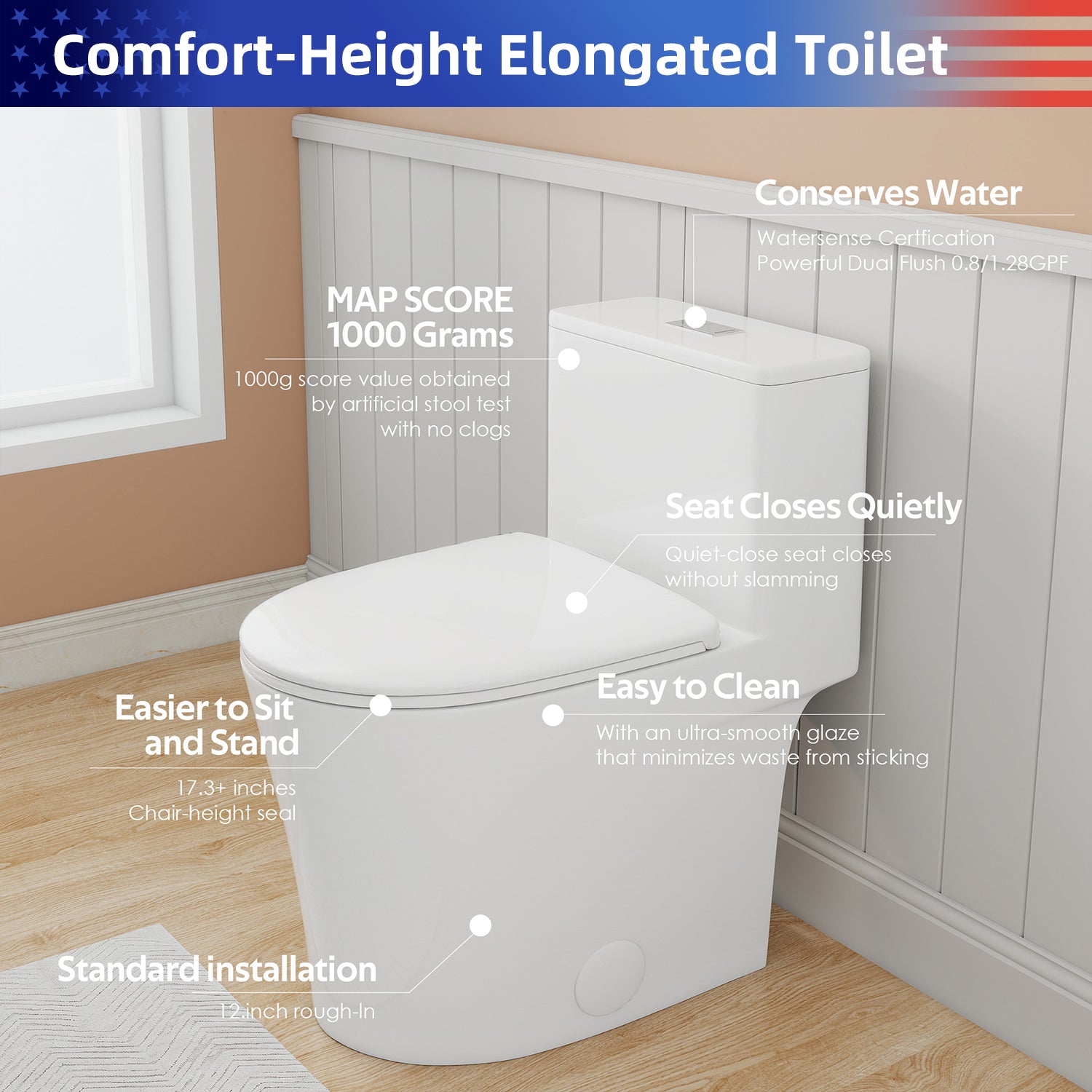 Gloss White 1.28/0.8 GPF Tornado Flush One-Piece Toilet, Rimless Siphonic Dual Flush Toilet with Soft Close Seat, Semi-Elongated Bowl, 12" S-Trap, MAP 1000g, ADA Comfort Height 17"