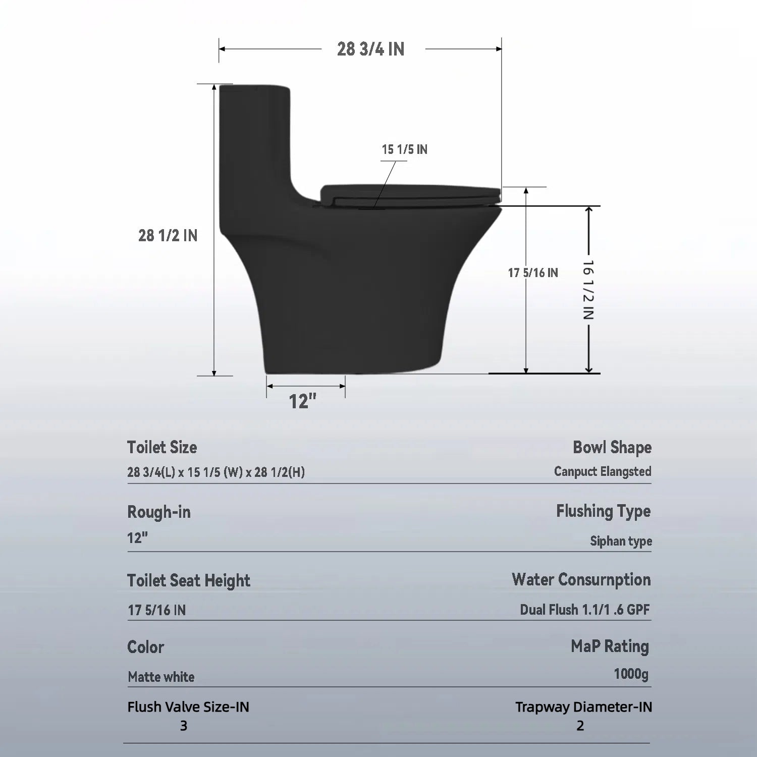 1.28/0.8 GPF Tornado Flush One-Piece Elongated Toilet, Siphonic S-Trap 12", Soft-Close Quick-Release Seat, Top Button Dual Flush, MAP 1000g, ADA Comfort Height 17"