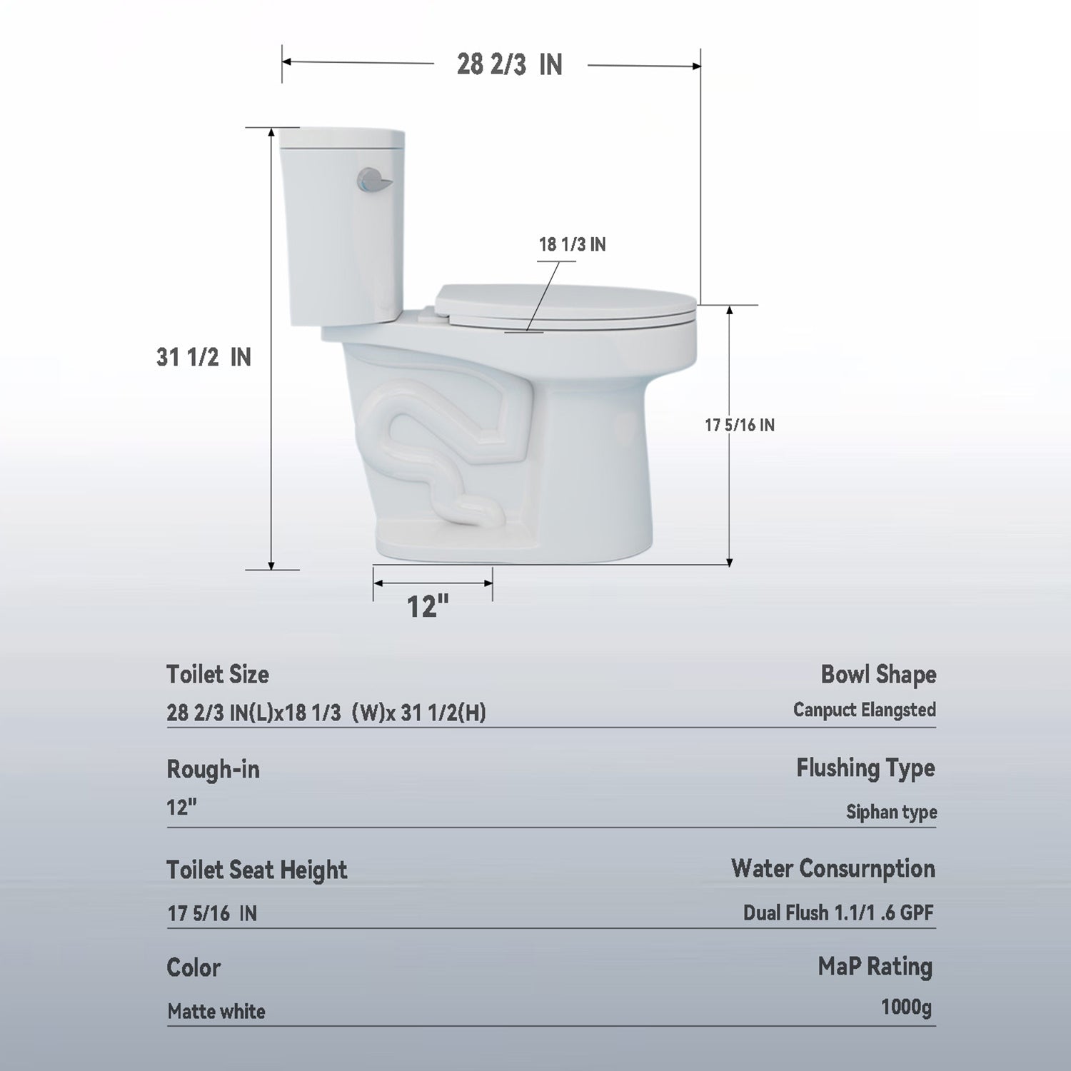 Gloss White 1.28 GPF Tornado Flush Two-Piece Toilet, Elongated Rimless Bowl, Siphonic Single Flush with Side Lever, Soft-Close Seat, 17" ADA Comfort Height, 12" S-Trap