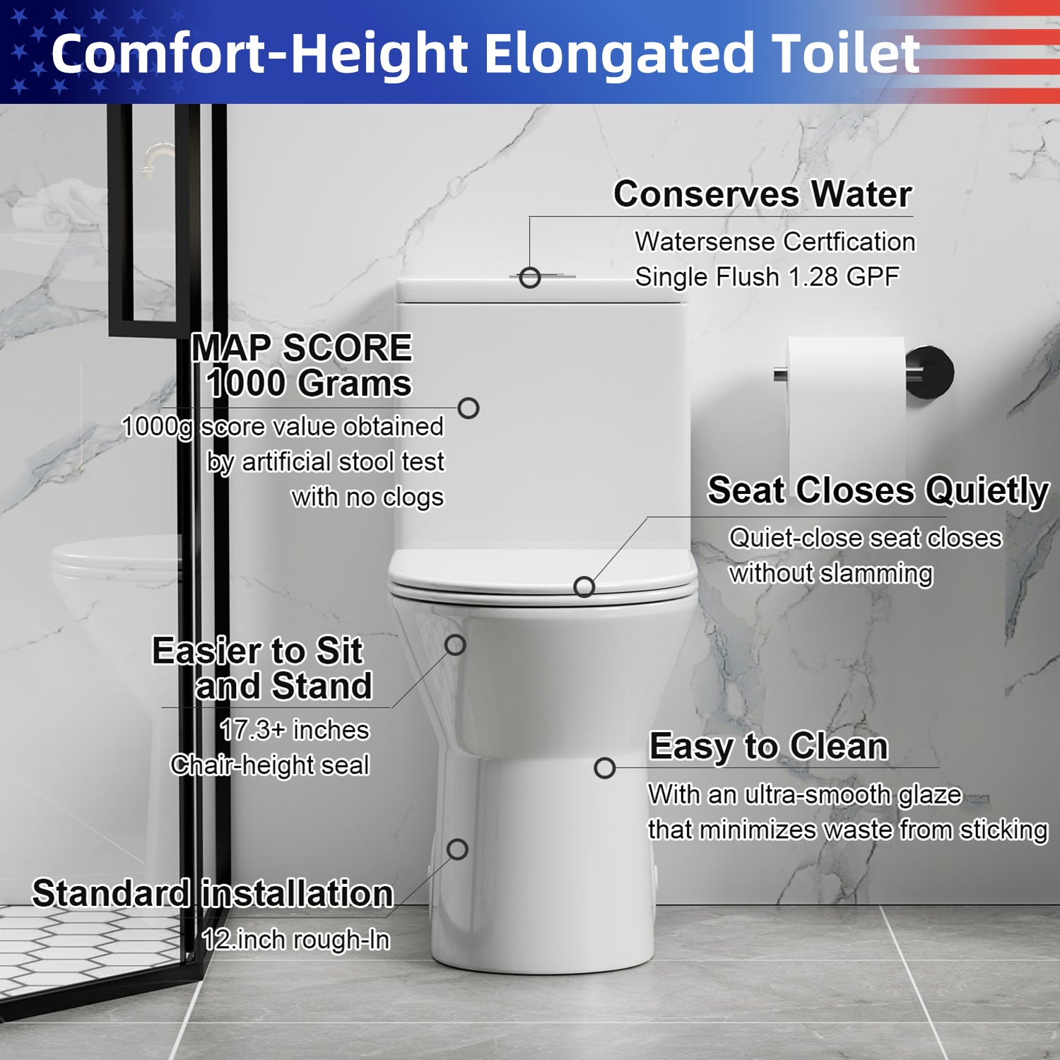 Gloss White 1.28/0.8 GPF Tornado Flush One-Piece Toilet, Rimless Siphonic Dual Flush Toilet with Soft-Close Seat, Semi-Elongated Bowl, 12" S-Trap, MAP 1000g, ADA Comfort Height 17"