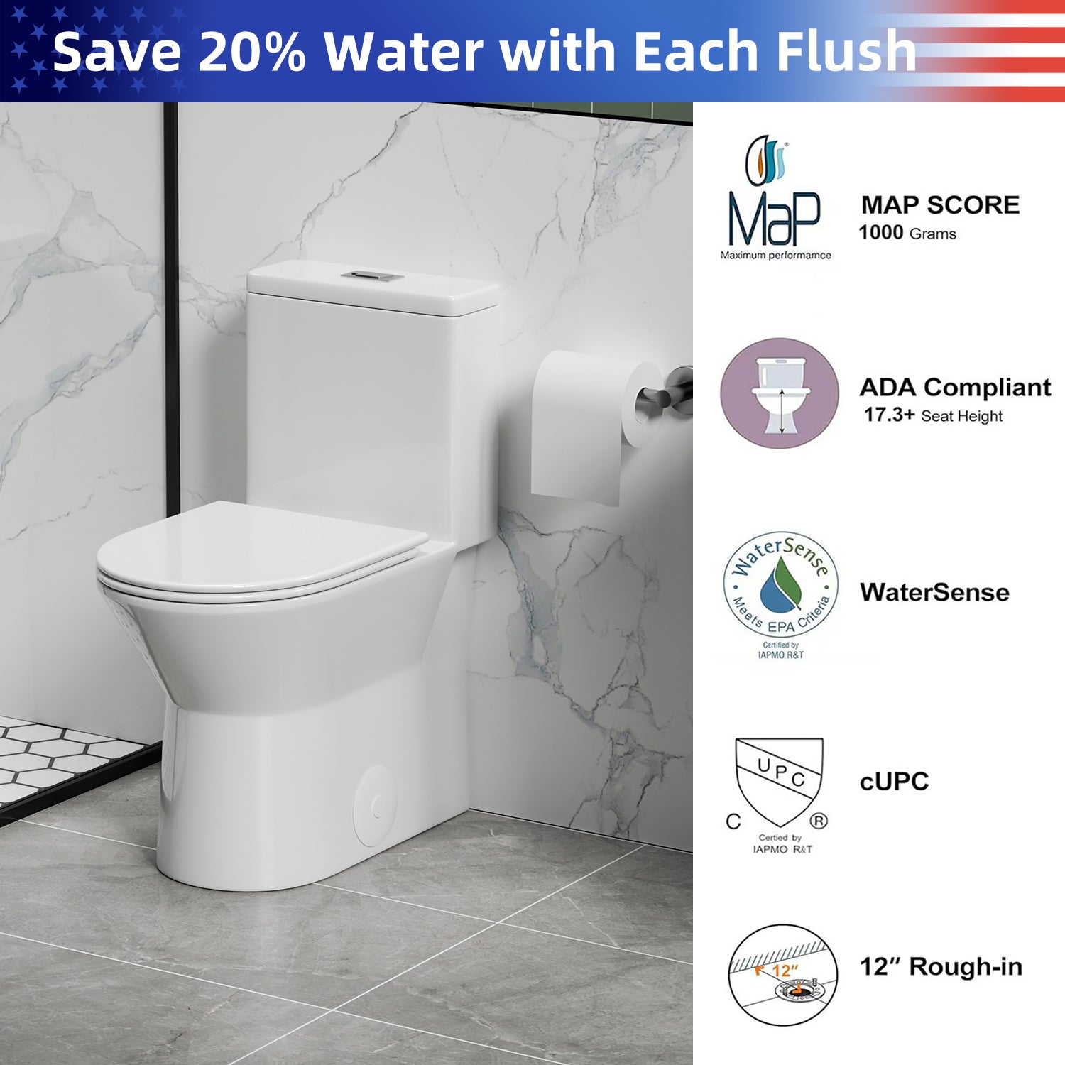 Gloss White 1.28/0.8 GPF Tornado Flush One-Piece Toilet, Rimless Siphonic Dual Flush Toilet with Soft-Close Seat, Semi-Elongated Bowl, 12" S-Trap, MAP 1000g, ADA Comfort Height 17"