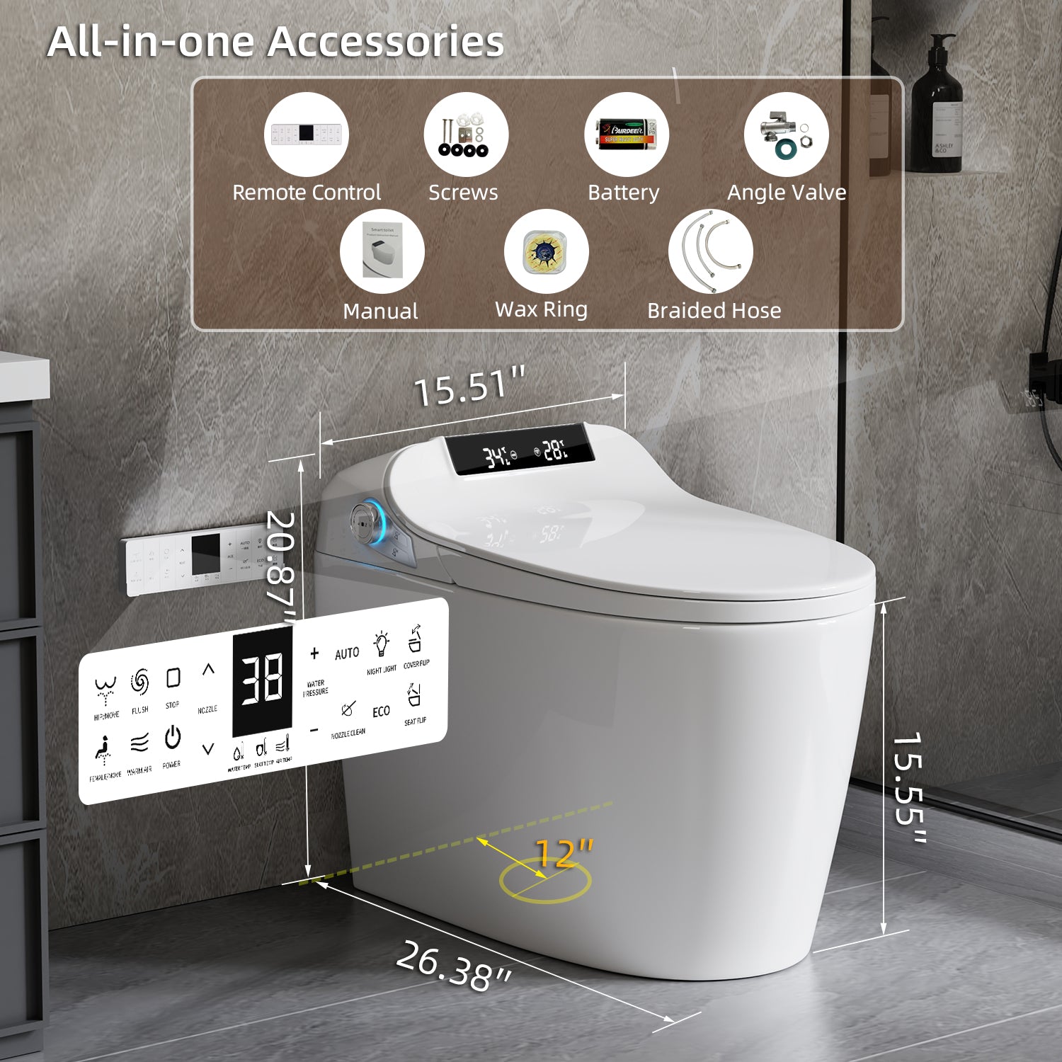 Smart Toilet Bidet Combo with Foot Sensor Open Cover & Seat, 1.28 GPF Siphon Jet Flush, Self-Cleaning Nozzle, Heated Seat, Warm Air Dryer, Night Light, LED Display, Remote & Knob Control, Auto Flush, Soft-Close Seat