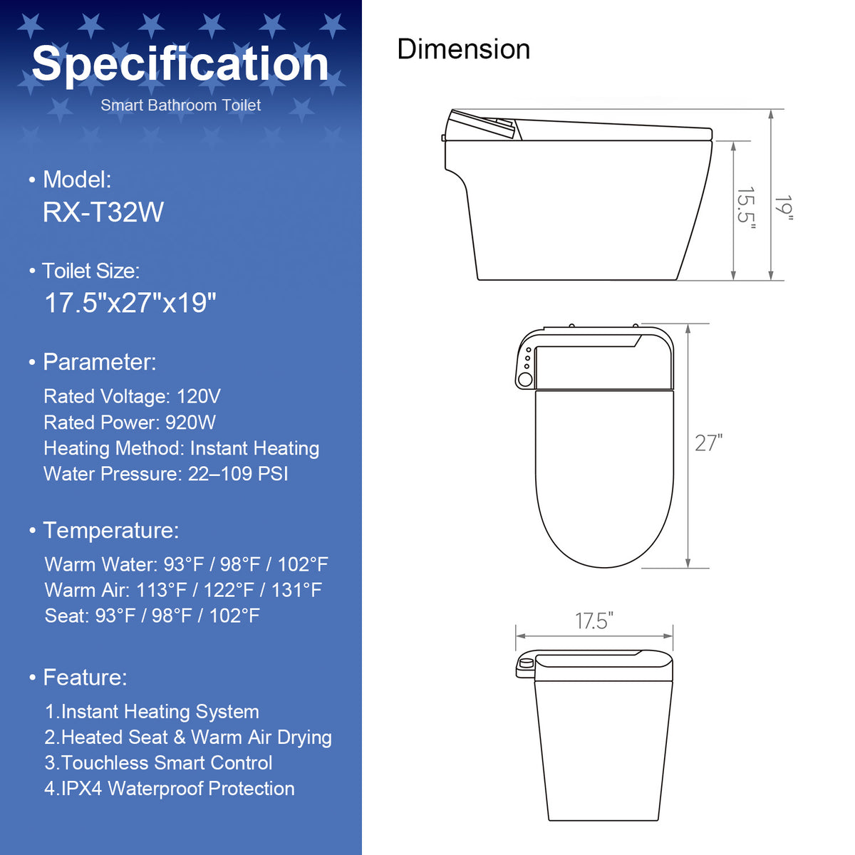 Rainlex Smart Toilet Bidet, One Piece Electric Toilet with Heated Seat, Auto Flush, Warm Air Dryer, Wireless Remote & Self Cleaning Nozzle (T32)