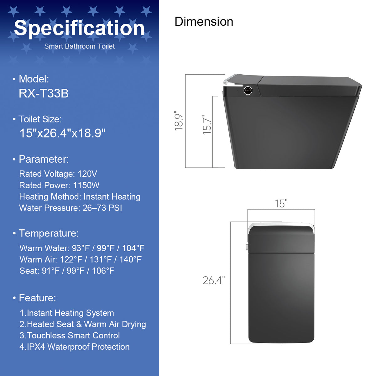 Rainlex Smart Toilet with Bidet, One Piece Smart Toilet with Auto Flush, Heated Seat, Instant Warm Water, Warm Air Dryer & Wireless Remote Control (T33)