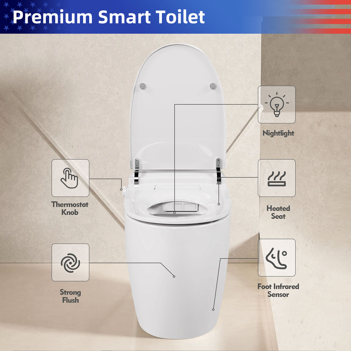 Rainlex Smart Tankless One Piece Toilet with Heated Seat, Auto Flush, Foot Sensor, Power Outage Flush, Night Light & Knob Control(T43)