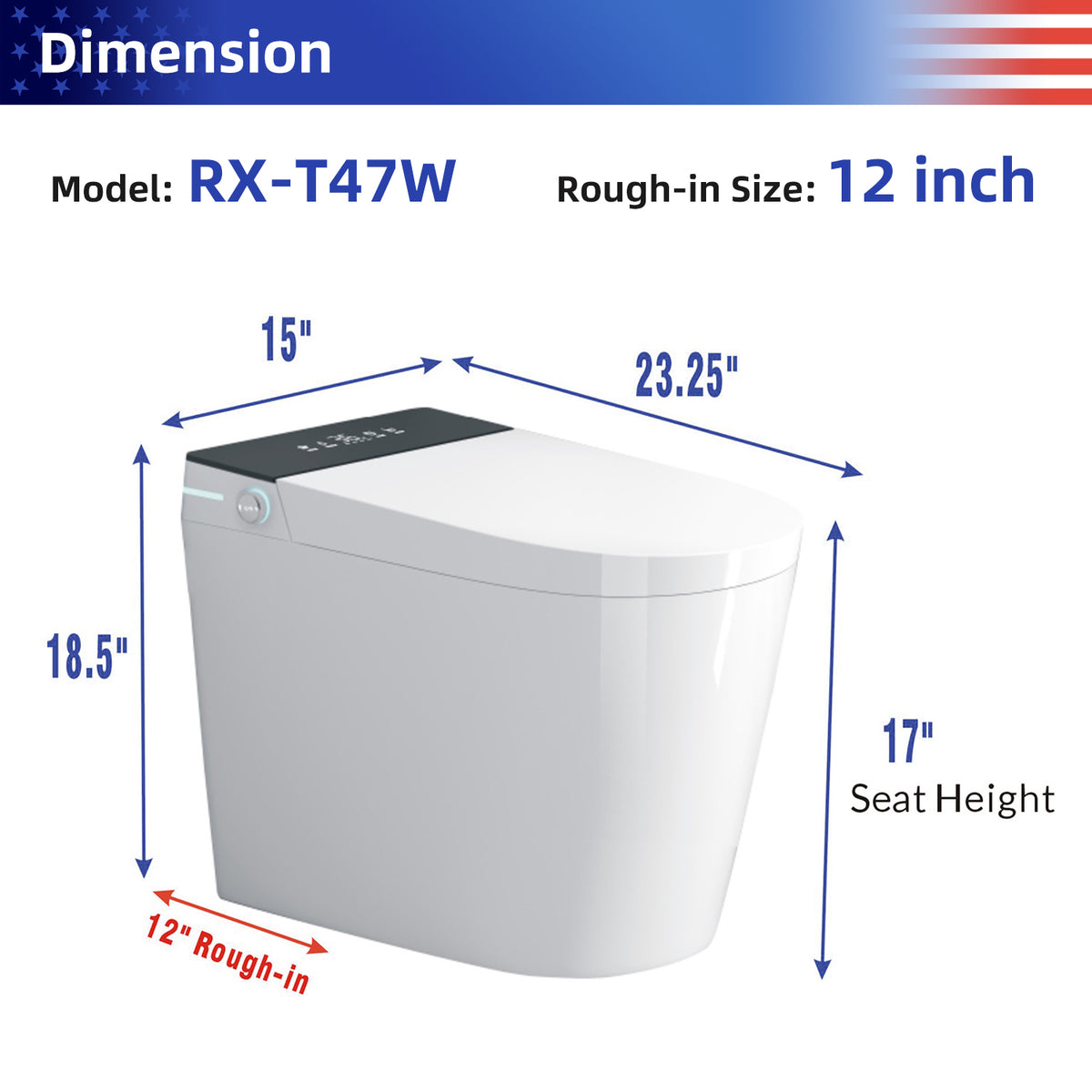 Rainlex Compact Tankless Smart Bidet Toilet with ADA Height, Auto Open Lid, Heated Seat, Warm Water Wash, Dryer & Remote Control(T47)