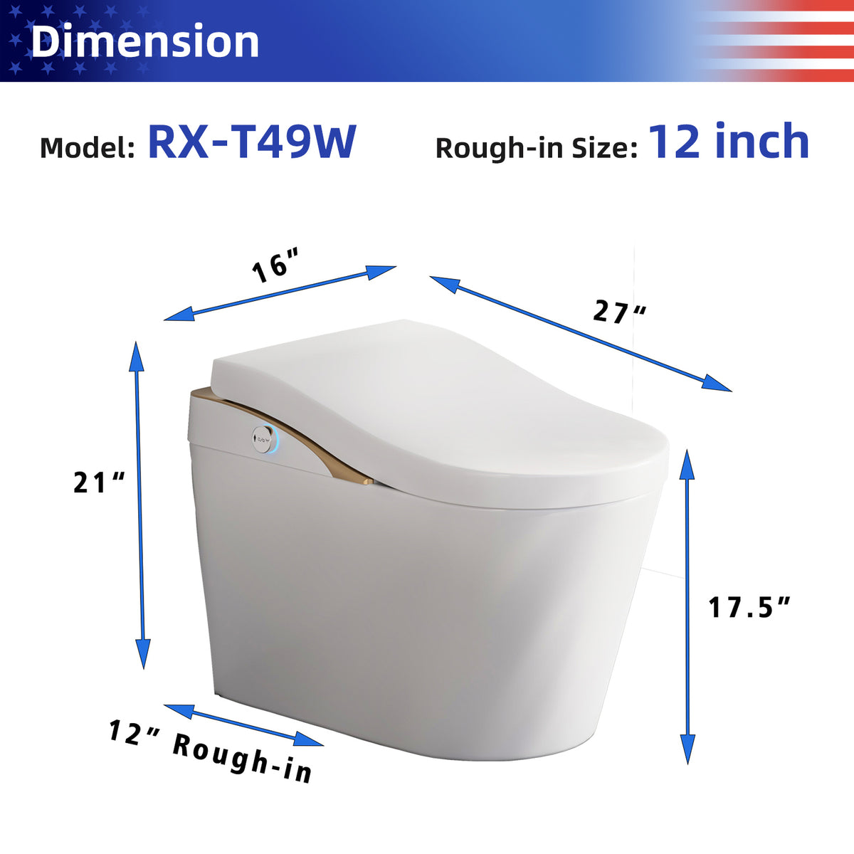 Rainlex ADA Height Smart Bidet Toilet with Auto Open Lid, Heated Seat, Warm Water Wash, Dryer, Foam Shield & Remote Control(T49)