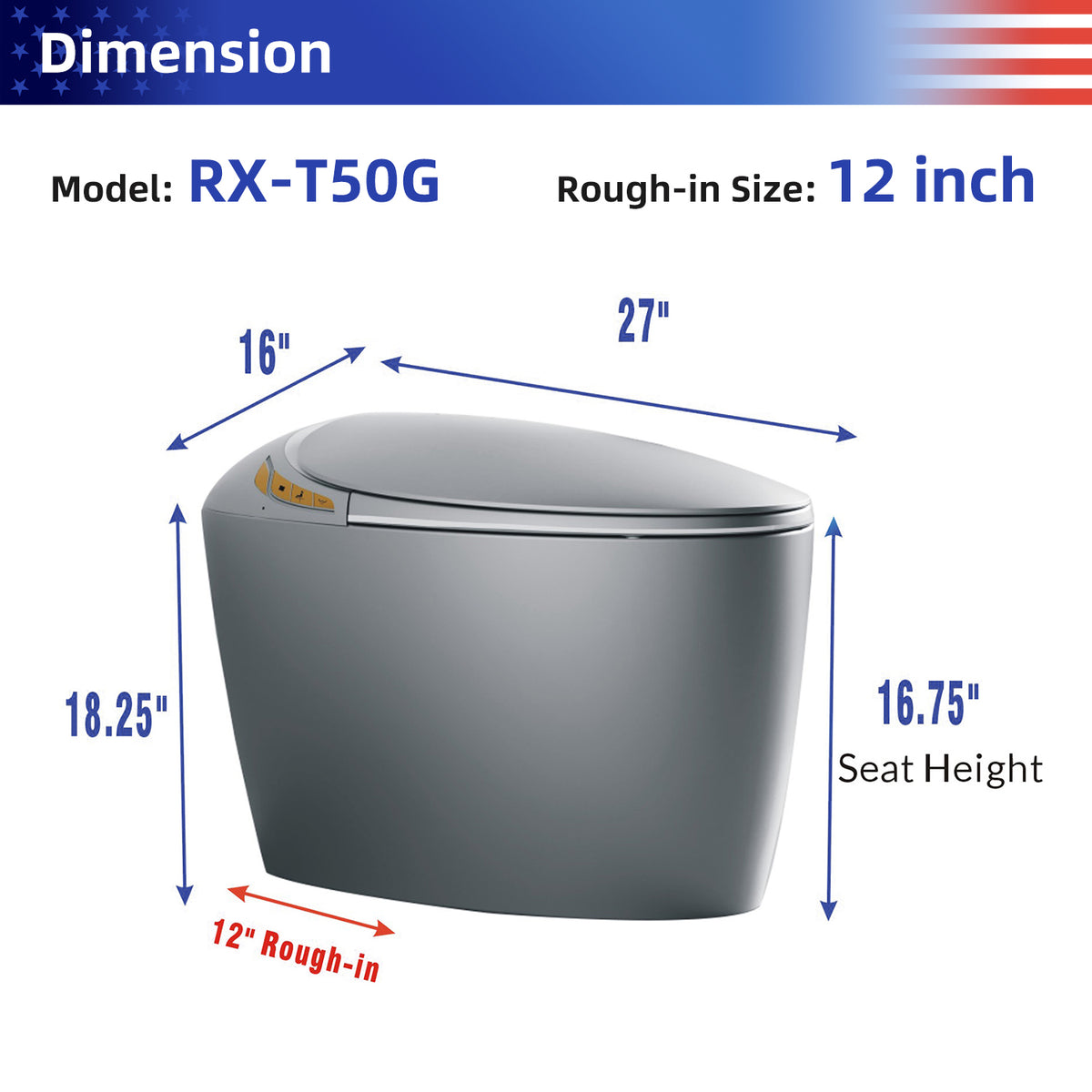 Rainlex Tankless Smart Bidet Toilet with Auto Open Lid, Heated Seat, Warm Water Wash, Dryer, Foot Sensor & Remote Control(T50)