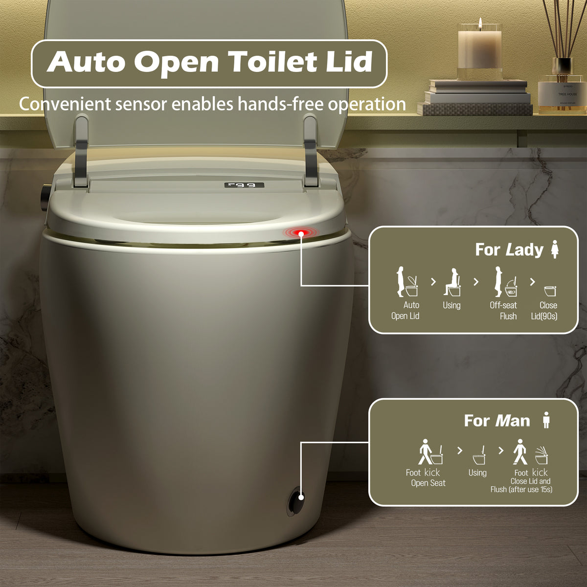 Rainlex ADA Smart Bidet Toilet with Auto Flush, Heated Seat, Warm Water Wash, Dryer, Foot Kick Sensor, Night Light & Remote Control(T51)