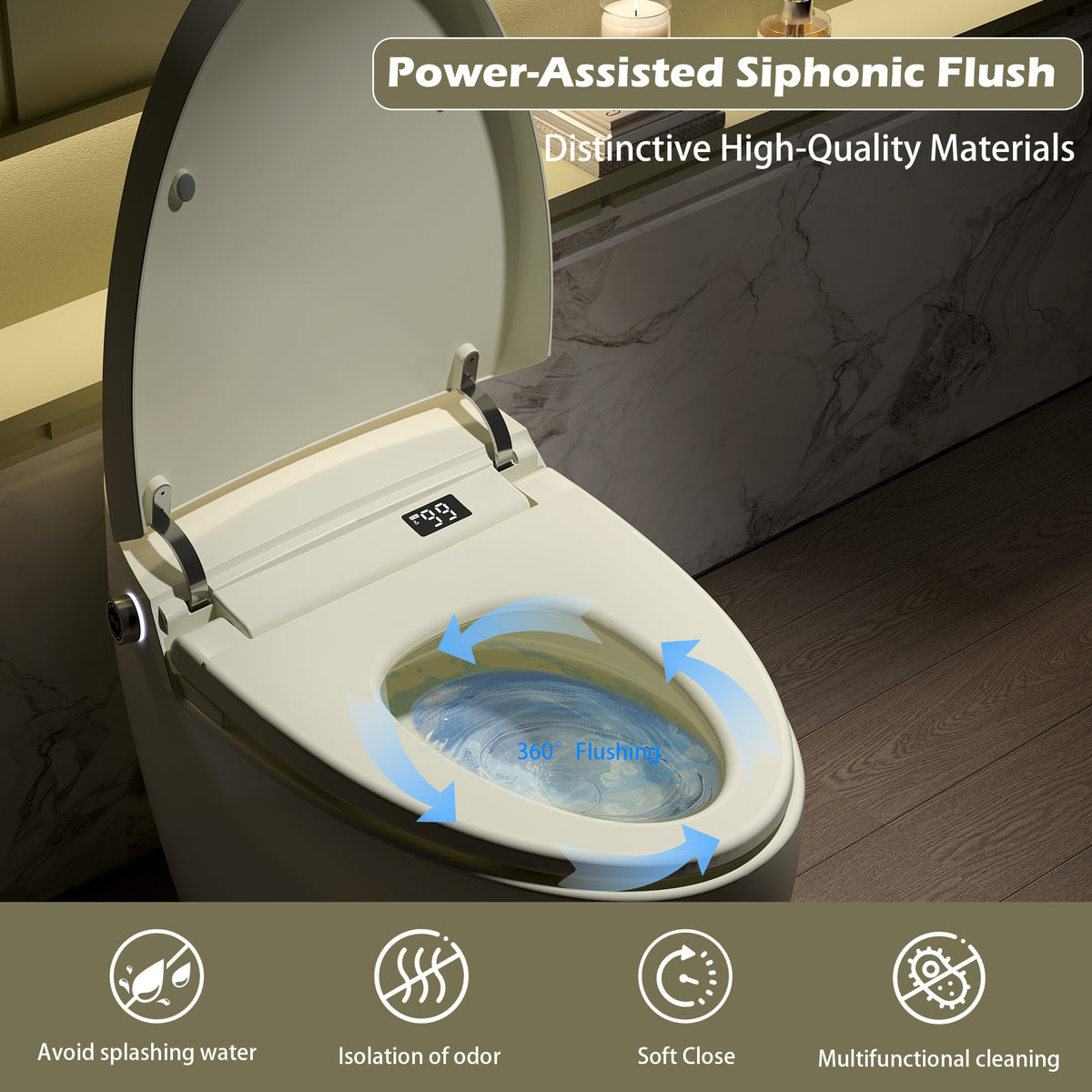 Rainlex ADA Smart Bidet Toilet with Auto Flush, Heated Seat, Warm Water Wash, Dryer, Foot Kick Sensor, Night Light & Remote Control(T51)