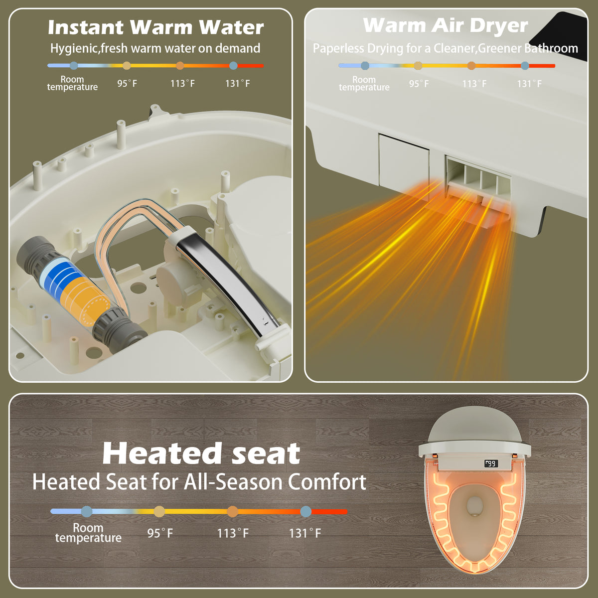 Rainlex ADA Smart Bidet Toilet with Auto Flush, Heated Seat, Warm Water Wash, Dryer, Foot Kick Sensor, Night Light & Remote Control(T51)