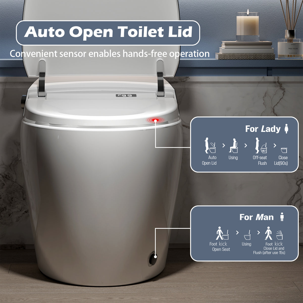 Rainlex ADA Smart Bidet Toilet with Auto Flush, Heated Seat, Warm Water Wash, Dryer, Foot Kick Sensor, Night Light & Remote Control(T51)