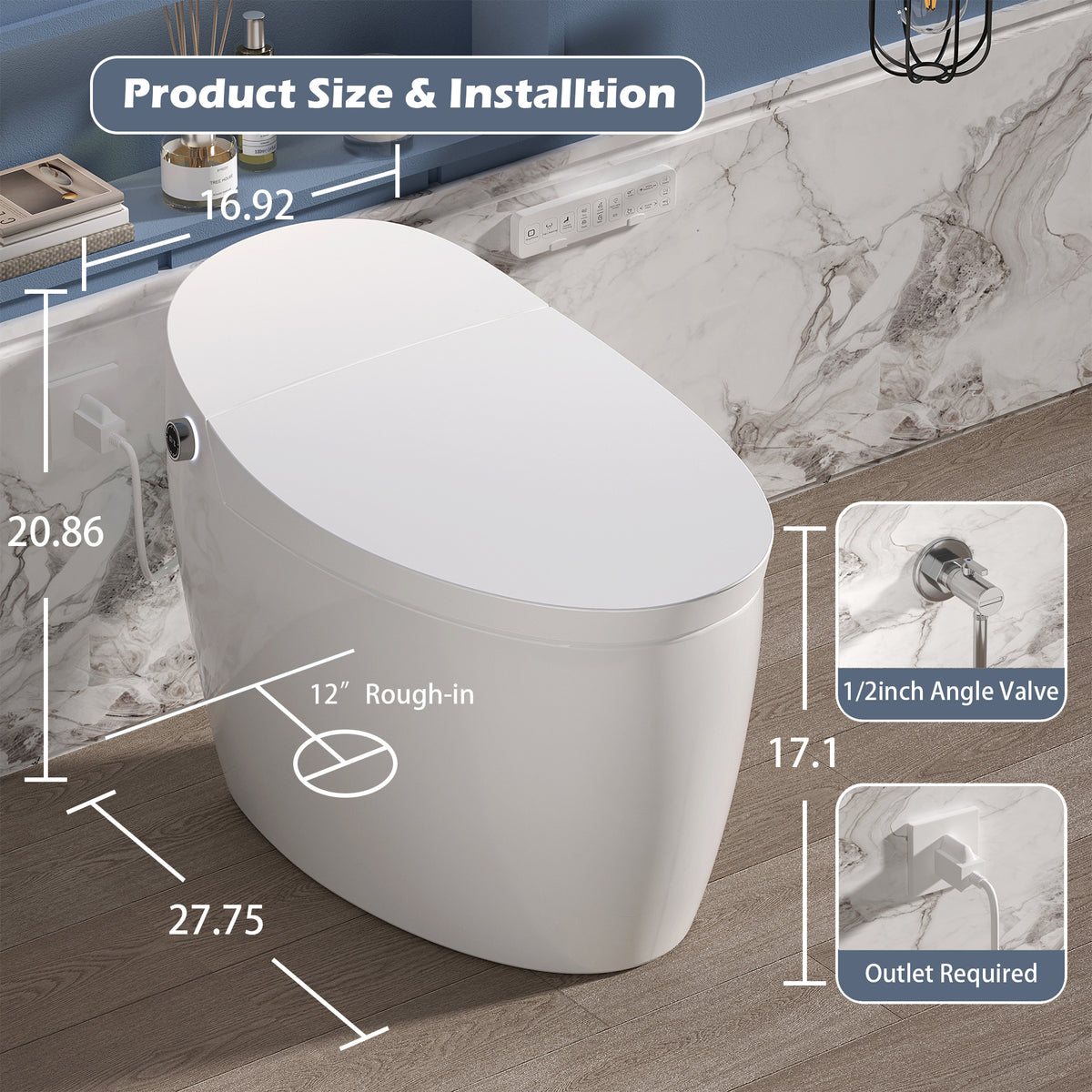 Rainlex ADA Smart Bidet Toilet with Auto Flush, Heated Seat, Warm Water Wash, Dryer, Foot Kick Sensor, Night Light & Remote Control(T51)