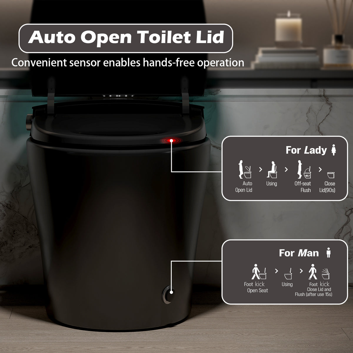 Rainlex Smart Bidet Toilet with Heated Seat, Warm Water Wash, Dryer, Auto Flush, Foot Kick Sensor, Night Light & Remote Control(T52)