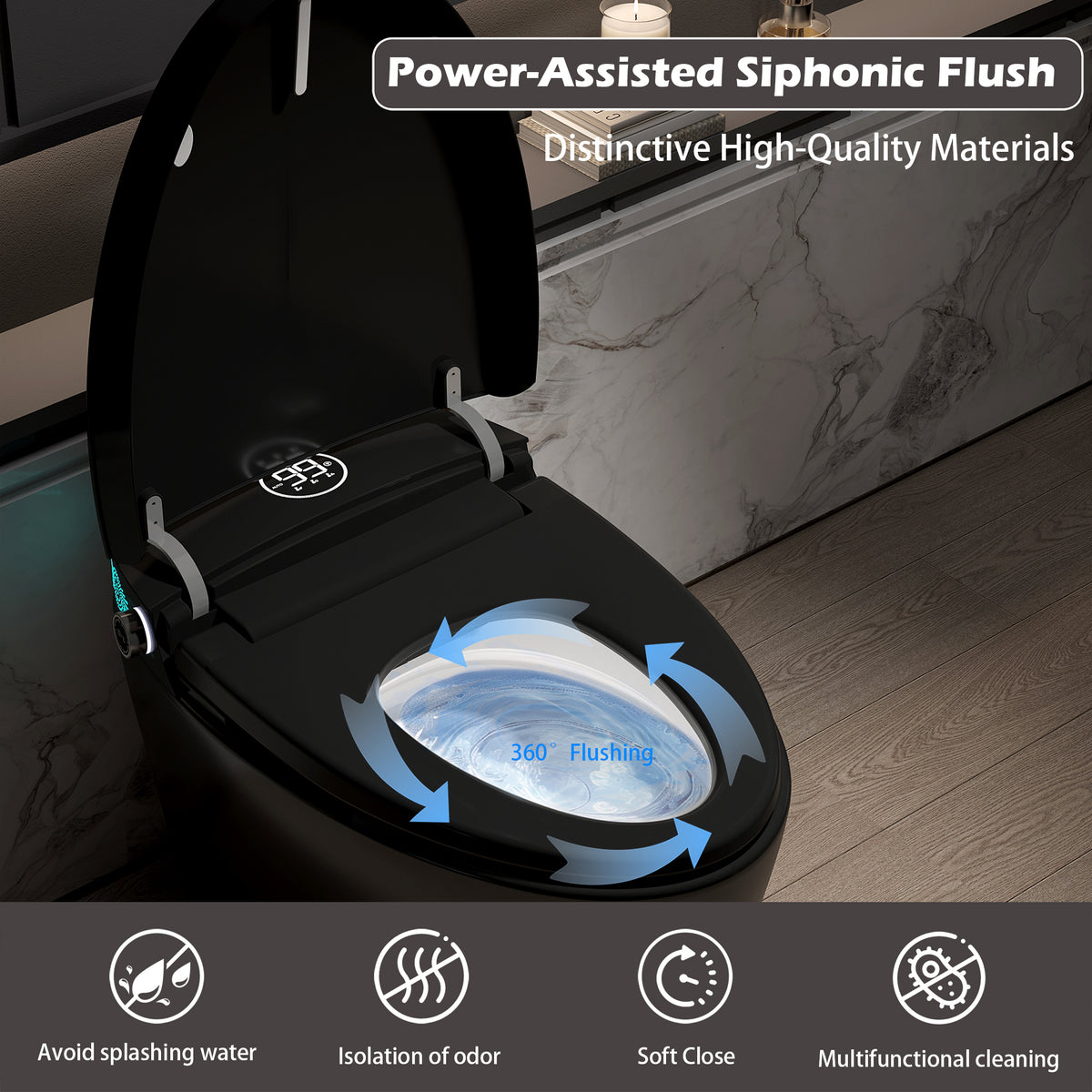 Rainlex Smart Bidet Toilet with Heated Seat, Warm Water Wash, Dryer, Auto Flush, Foot Kick Sensor, Night Light & Remote Control(T52)
