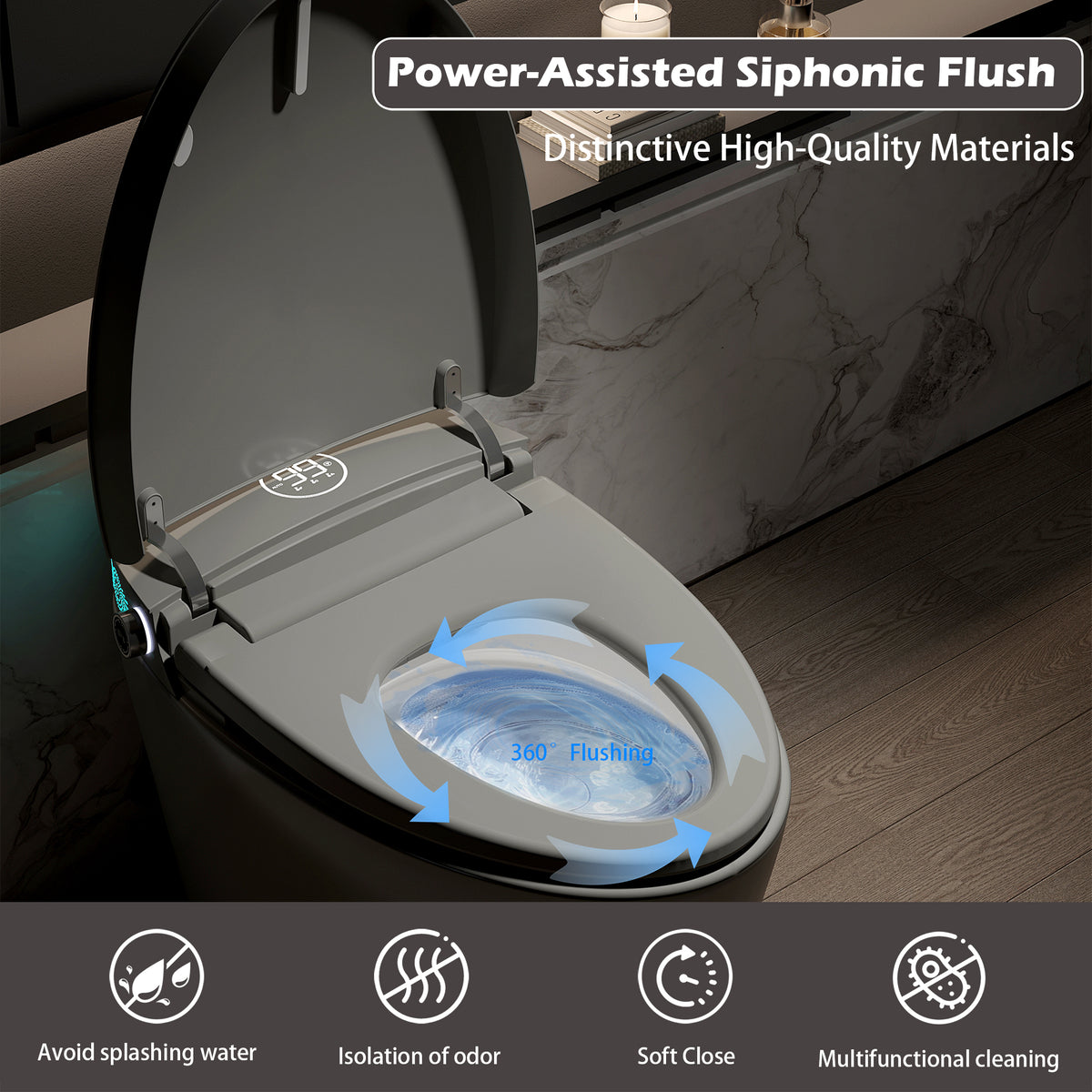 Rainlex Smart Bidet Toilet with Heated Seat, Warm Water Wash, Dryer, Auto Flush, Foot Kick Sensor, Night Light & Remote Control(T52)