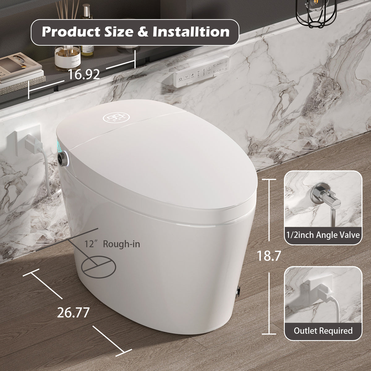Rainlex Smart Bidet Toilet with Heated Seat, Warm Water Wash, Dryer, Auto Flush, Foot Kick Sensor, Night Light & Remote Control(T52)