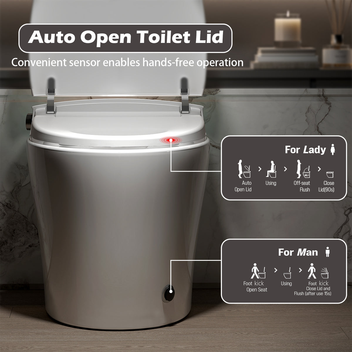 Rainlex Smart Bidet Toilet with Heated Seat, Warm Water Wash, Dryer, Auto Flush, Foot Kick Sensor, Night Light & Remote Control(T52)