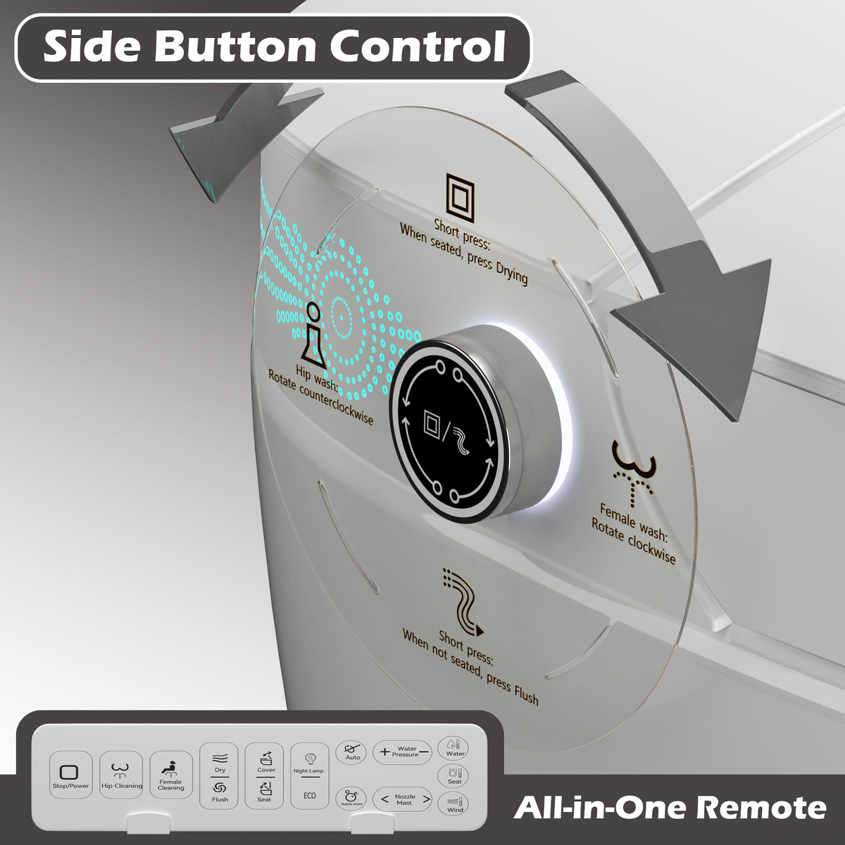 Rainlex Smart Bidet Toilet with Heated Seat, Warm Water Wash, Dryer, Auto Flush, Foot Kick Sensor, Night Light & Remote Control(T52)