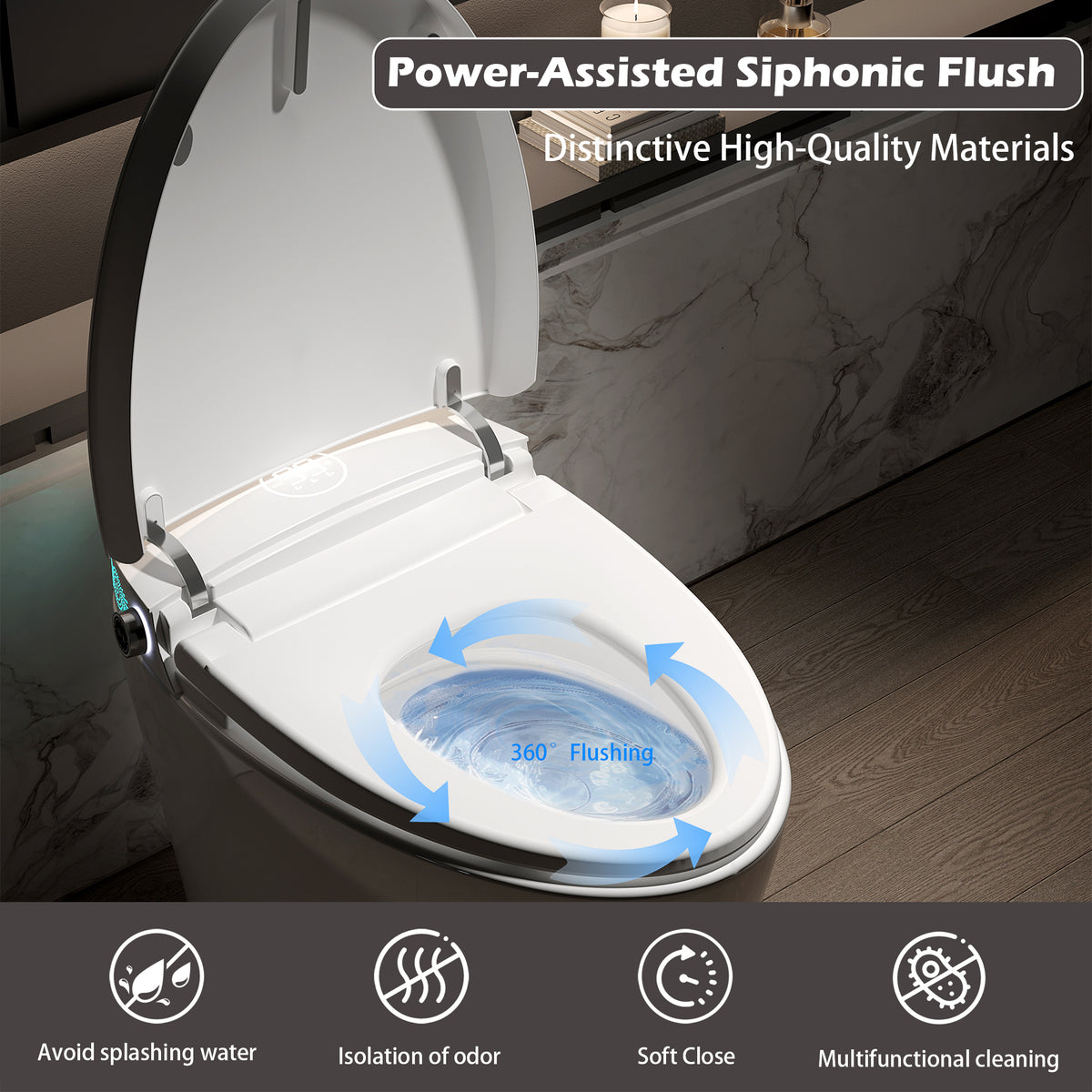 Rainlex Smart Bidet Toilet with Heated Seat, Warm Water Wash, Dryer, Auto Flush, Foot Kick Sensor, Night Light & Remote Control(T52)