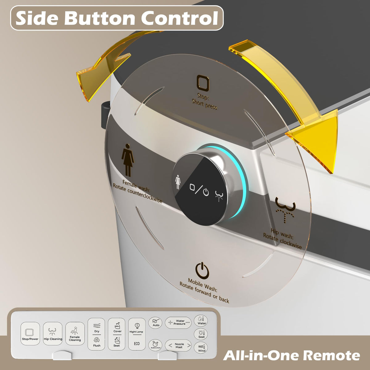 Rainlex ADA Smart Bidet Toilet with Auto Open Lid, Heated Seat, Warm Water Wash, Dryer, LED Display, Night Light & Remote Control(T54)