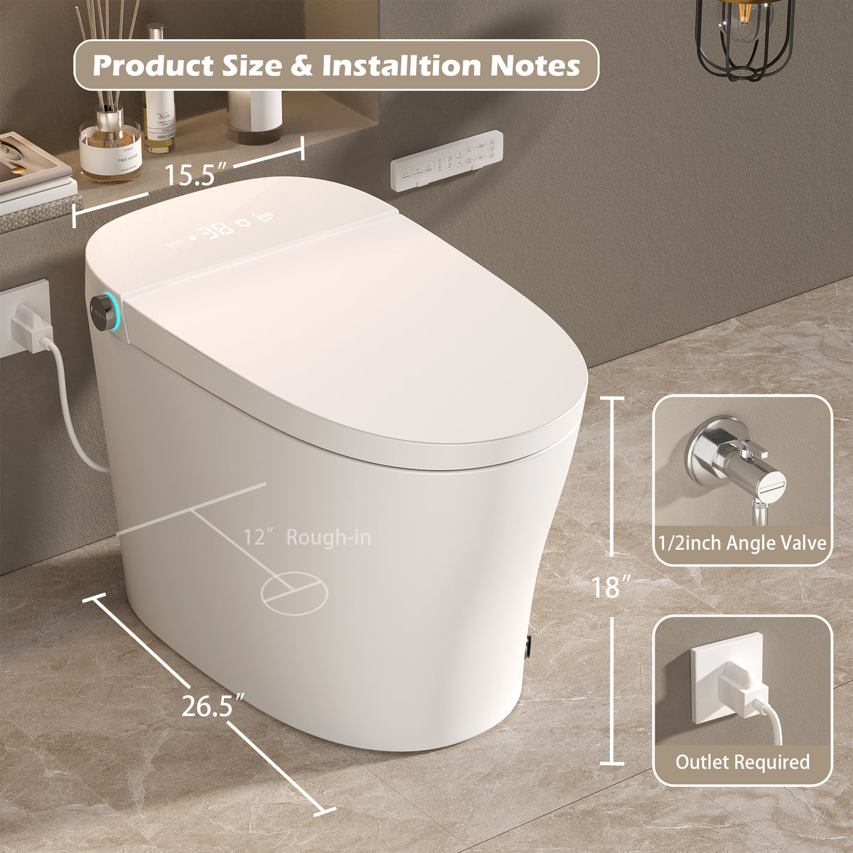 Rainlex ADA Smart Bidet Toilet with Auto Open Lid, Heated Seat, Warm Water Wash, Dryer, LED Display, Night Light & Remote Control(T54)
