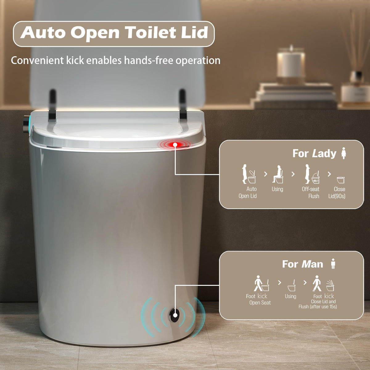Rainlex ADA Smart Bidet Toilet with Auto Open Lid, Heated Seat, Warm Water Wash, Dryer, LED Display, Night Light & Remote Control(T54)