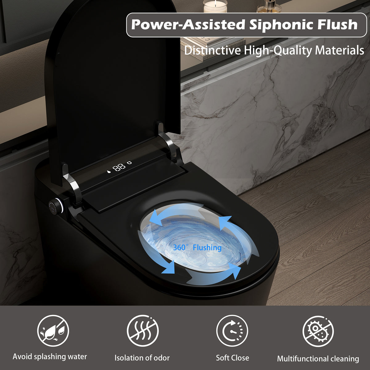 Rainlex Comfort Height Smart Bidet Toilet with Foam Shield, Auto Flush, Heated Seat, Warm Water Wash, Dryer, Bluetooth App & Remote Control(T55)
