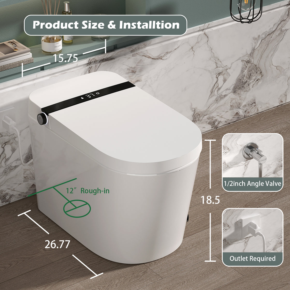 Rainlex Comfort Height Smart Bidet Toilet with Foam Shield, Auto Flush, Heated Seat, Warm Water Wash, Dryer, Bluetooth App & Remote Control(T55)