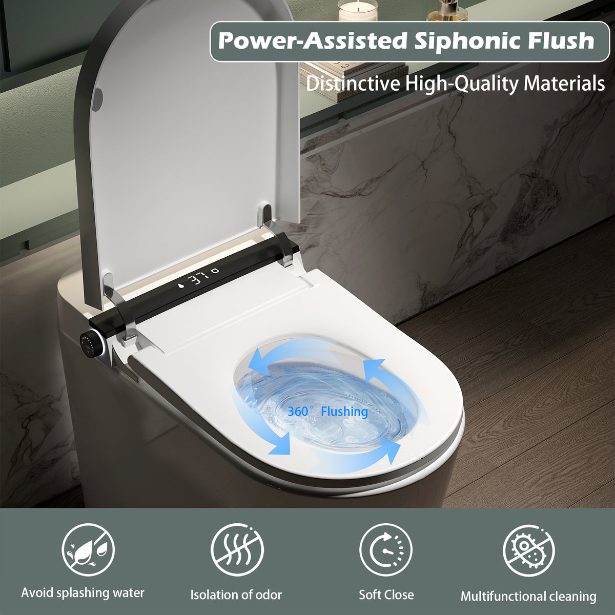 Rainlex Comfort Height Smart Bidet Toilet with Foam Shield, Auto Flush, Heated Seat, Warm Water Wash, Dryer, Bluetooth App & Remote Control(T55)