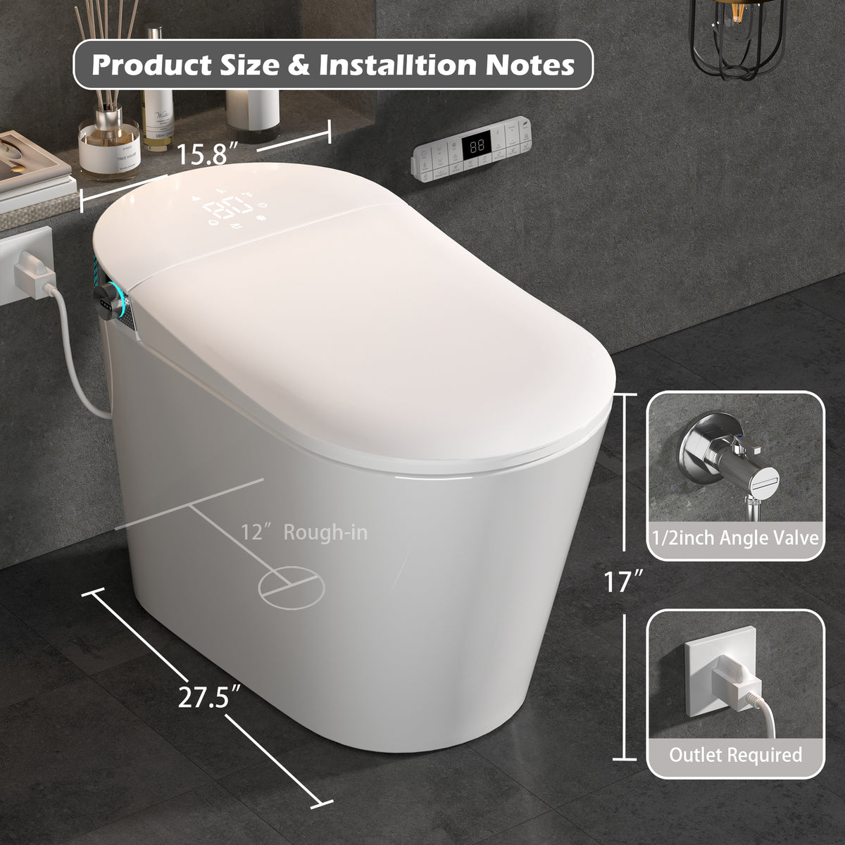 Rainlex ADA Tankless Smart Bidet Toilet with Foot Kick Sensor, Heated Seat, Warm Water Wash, Dryer, Auto Flush, Night Light & Remote Control(T58)