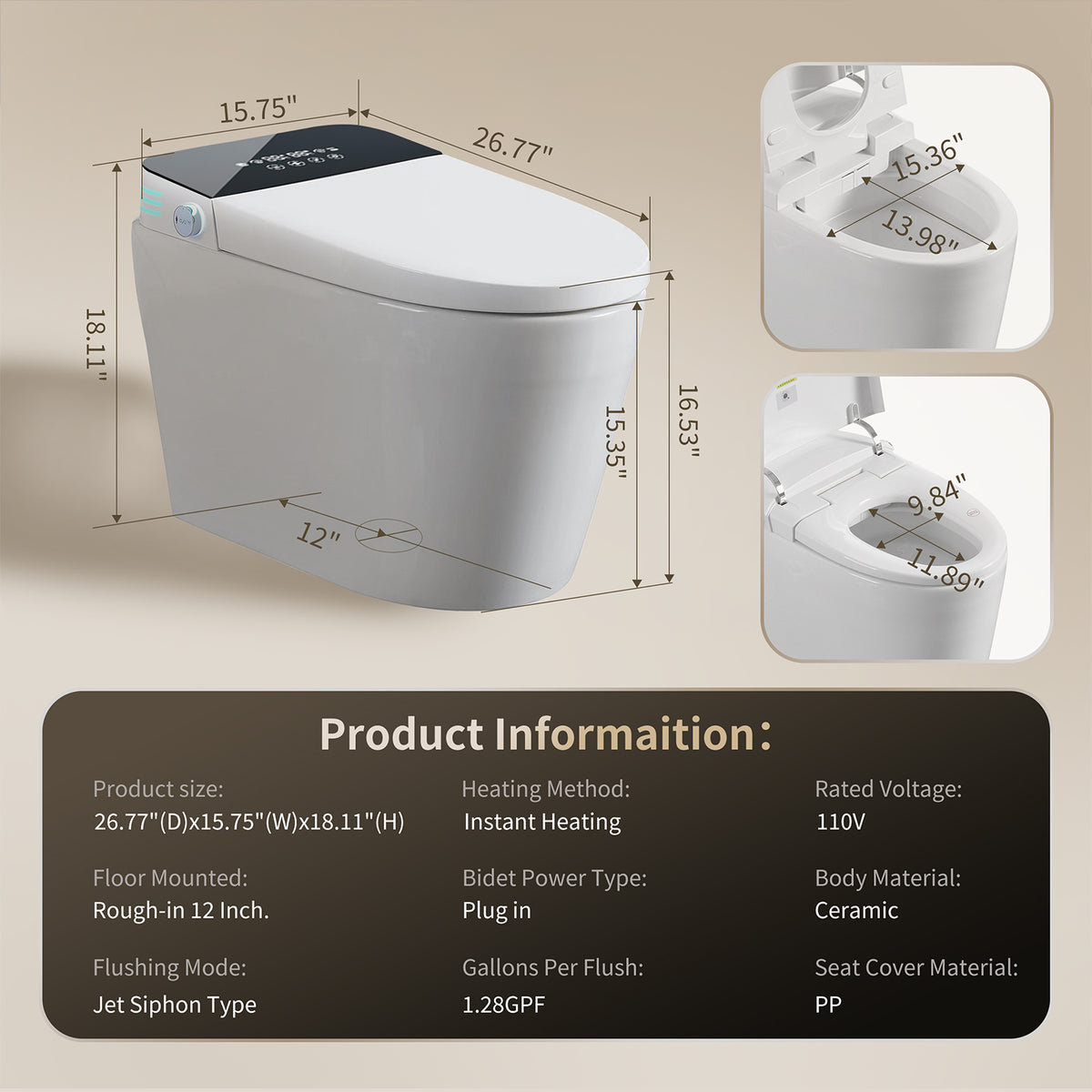 Rainlex Tankless Smart Bidet Toilet with Heated Seat, Warm Water Wash, Dryer, Foot Sensor, LED Display & Remote Control(T59)