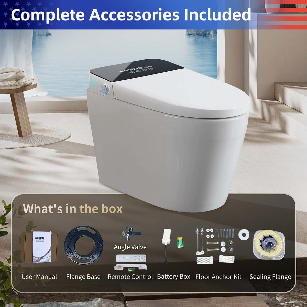 Rainlex Tankless Smart Bidet Toilet with Heated Seat, Warm Water Wash, Dryer, Foot Sensor, LED Display & Remote Control(T59)