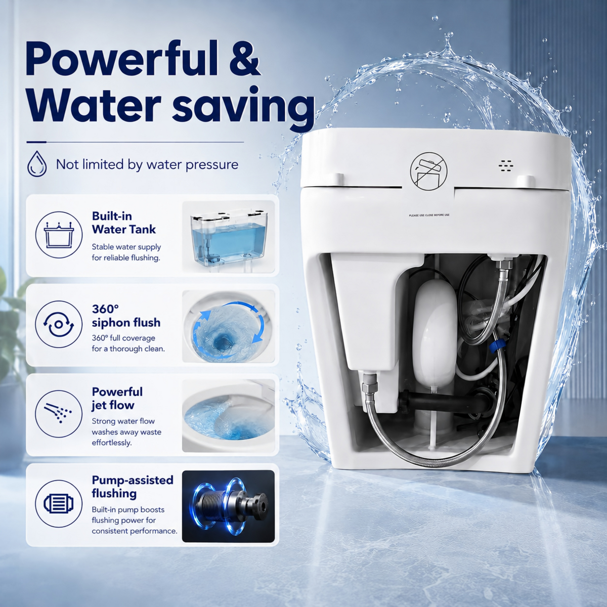 Rainlex Smart Bidet Toilet with Built-in Booster Tank, Radar Sensor Auto Lid, Heated Seat, Warm Water Wash, Dryer, Self-Cleaning Nozzle & Remote Control(T61)