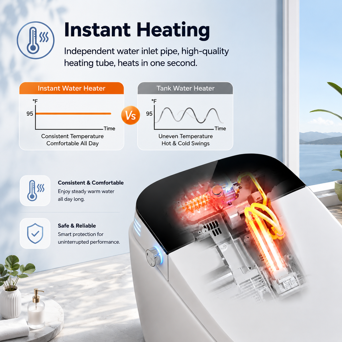 Rainlex Smart Bidet Toilet with Built-in Booster Tank, Radar Sensor Auto Lid, Heated Seat, Warm Water Wash, Dryer, Self-Cleaning Nozzle & Remote Control(T61)