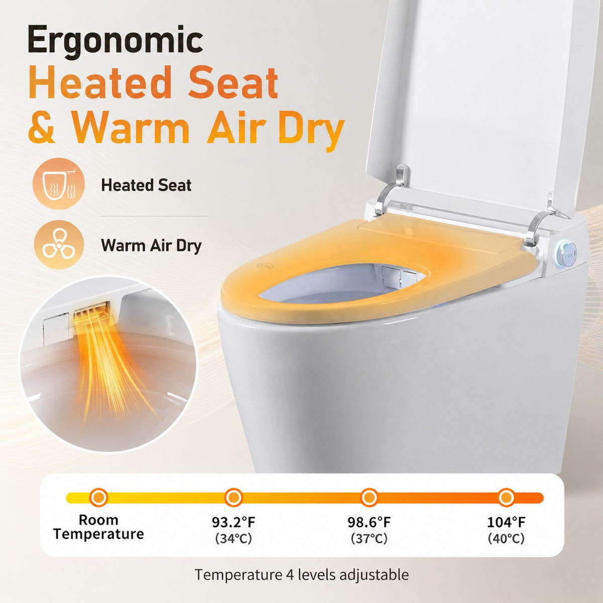 Rainlex Smart Bidet Toilet with Built-in Booster Tank, Radar Sensor Auto Lid, Heated Seat, Warm Water Wash, Dryer, Self-Cleaning Nozzle & Remote Control(T64)