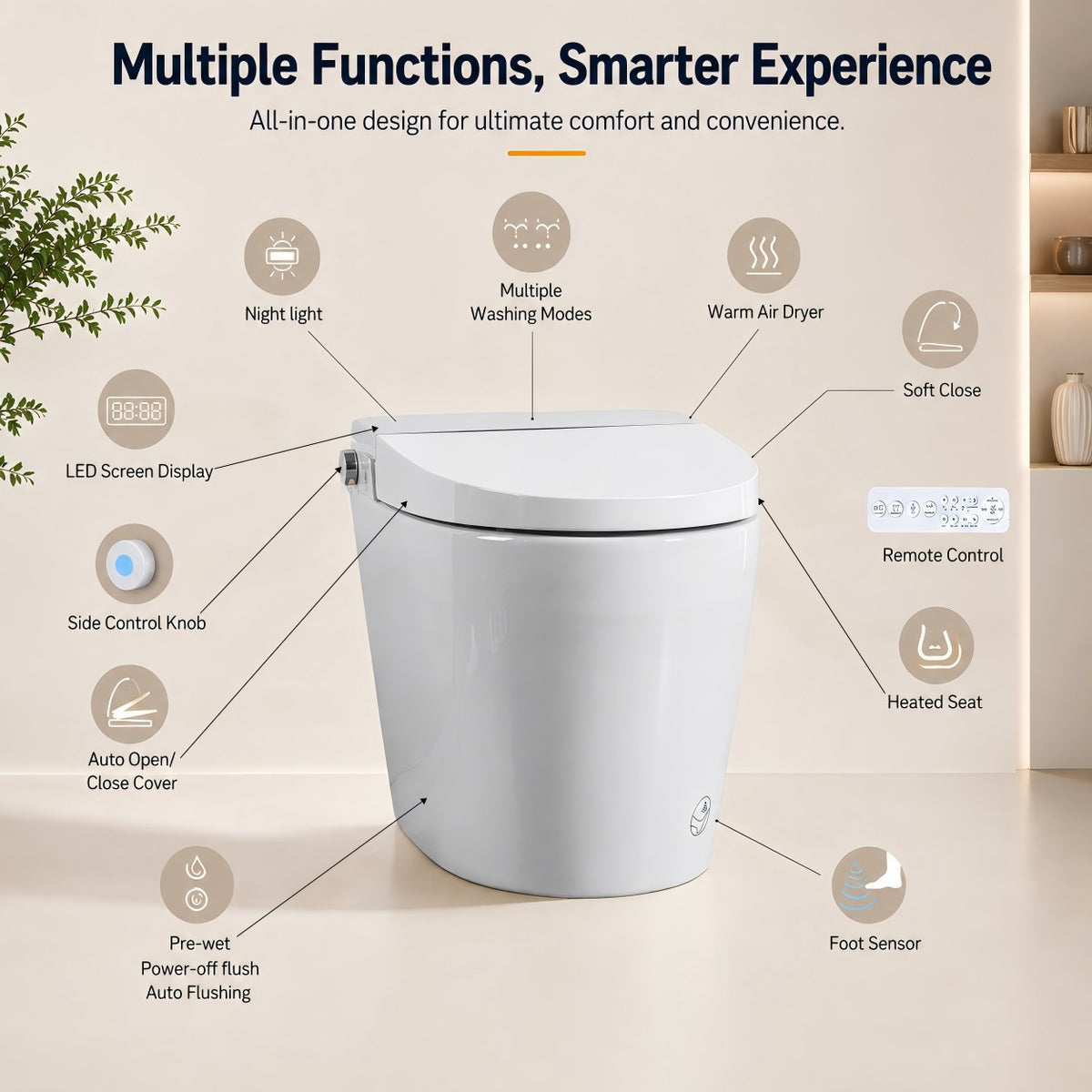 Rainlex Smart Bidet Toilet with Built-in Booster Tank, Radar Sensor Auto Lid, Heated Seat, Warm Water Wash, Dryer, Self-Cleaning Nozzle & Remote Control(T64)