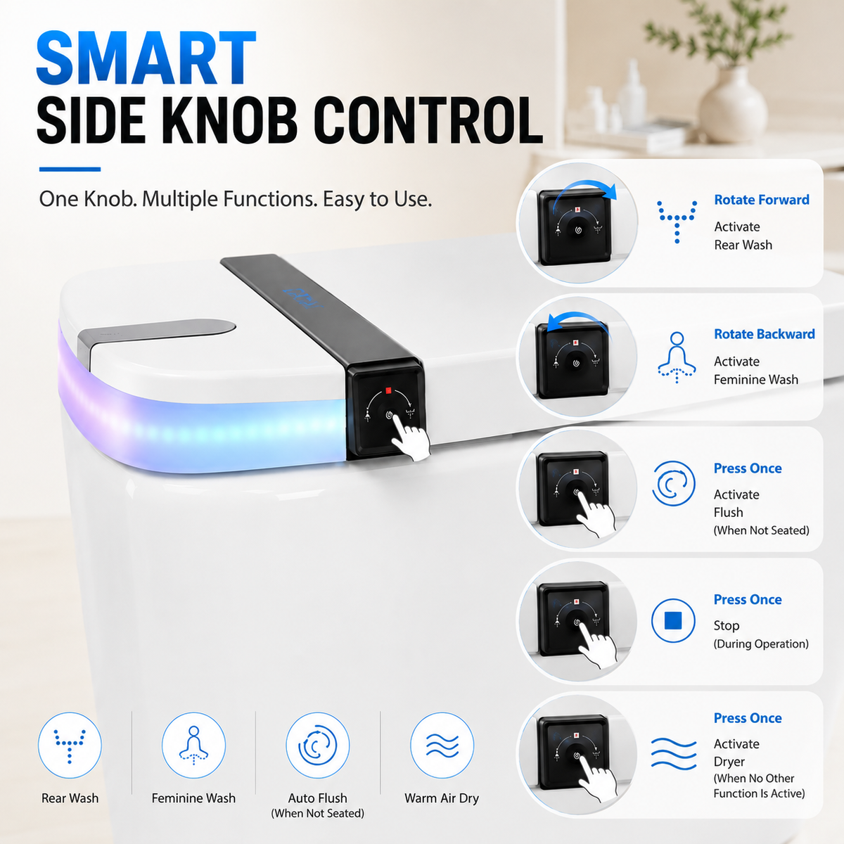 Rainlex Smart Bidet Toilet with Built-in Booster Tank, Radar Sensor Auto Lid, Heated Seat, Foam Shield, Warm Water Wash, Dryer & Side Knob Control(T66)