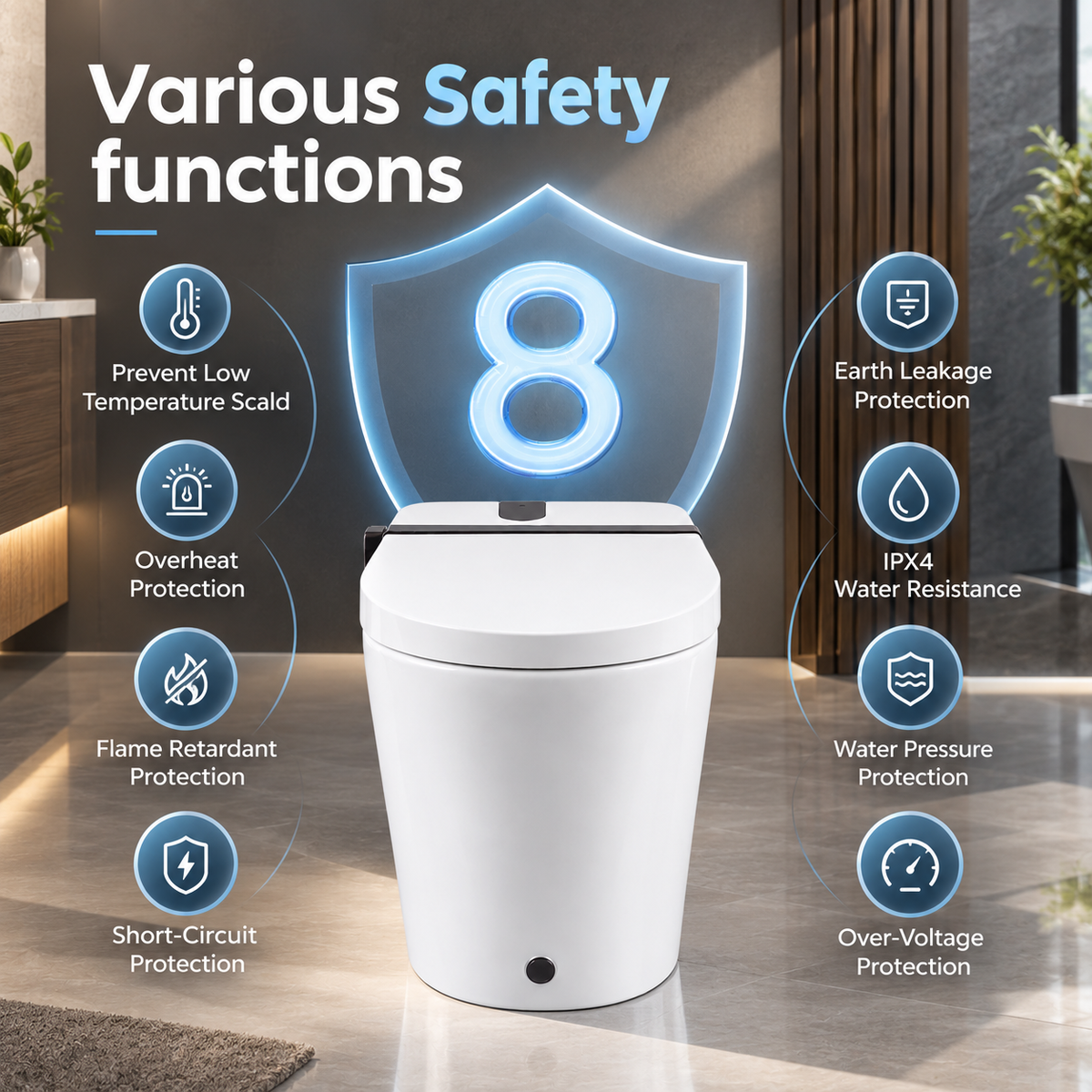 Rainlex Smart Bidet Toilet with Built-in Booster Tank, Radar Sensor Auto Lid, Heated Seat, Foam Shield, Warm Water Wash, Dryer & Side Knob Control(T66)