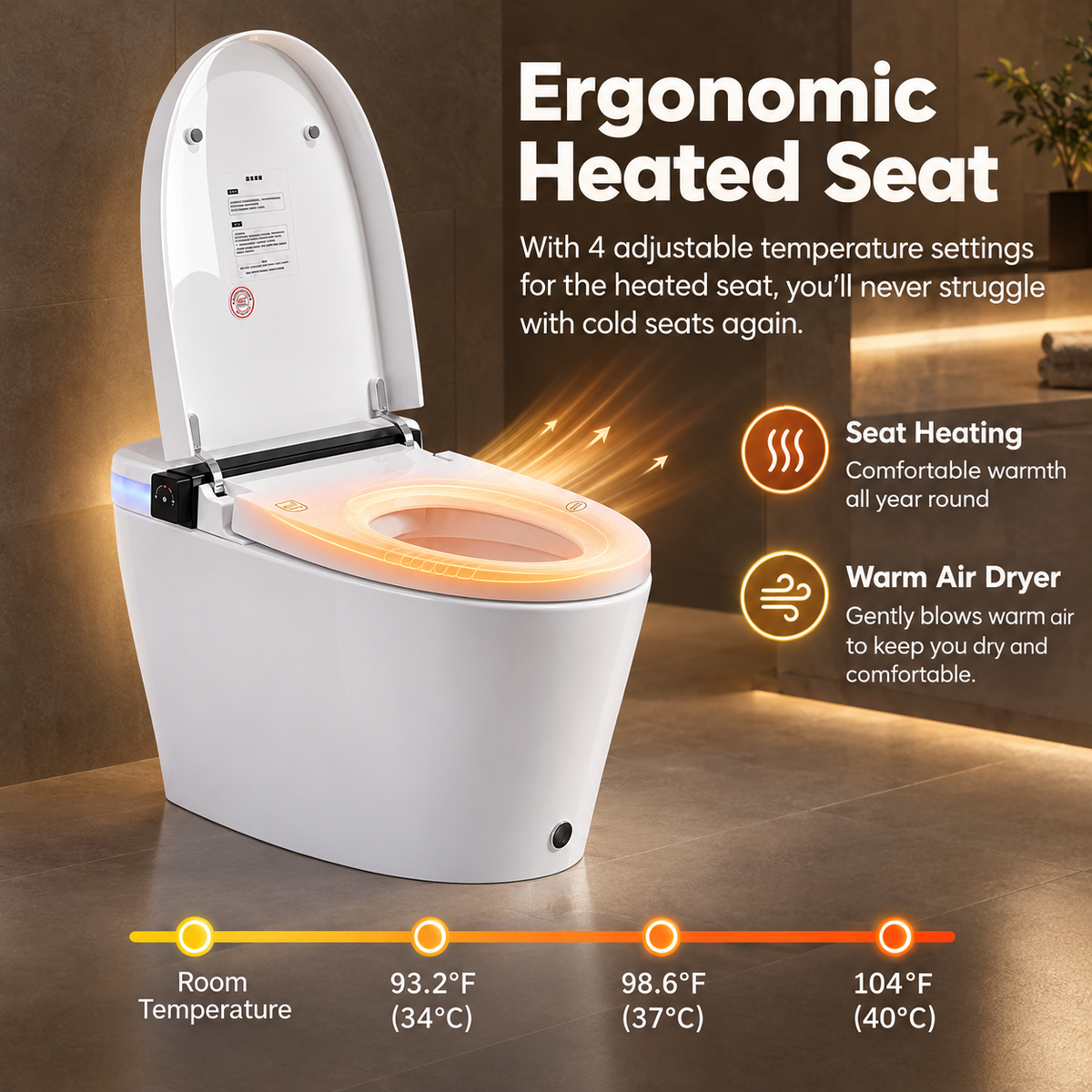 Rainlex Smart Bidet Toilet with Built-in Booster Tank, Radar Sensor Auto Lid, Heated Seat, Foam Shield, Warm Water Wash, Dryer & Side Knob Control(T66)